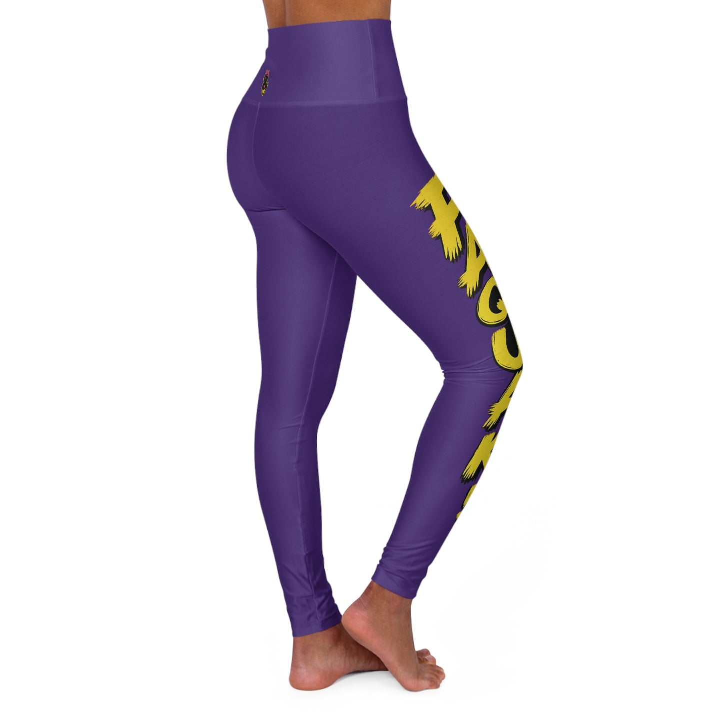 High-Waist Purple Yoga Leggings with "FAQUAK!" Side Text & "ONE WORD ALL FEELS" Back Graphic