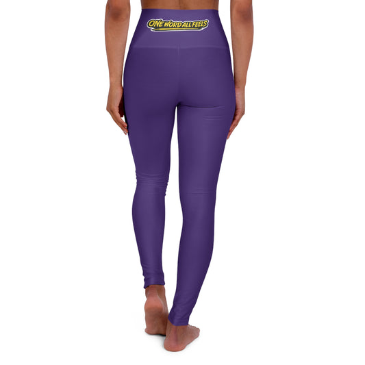 High-Waist Purple Yoga Leggings with "FAQUAK!" Side Text & "ONE WORD ALL FEELS" Back Graphic