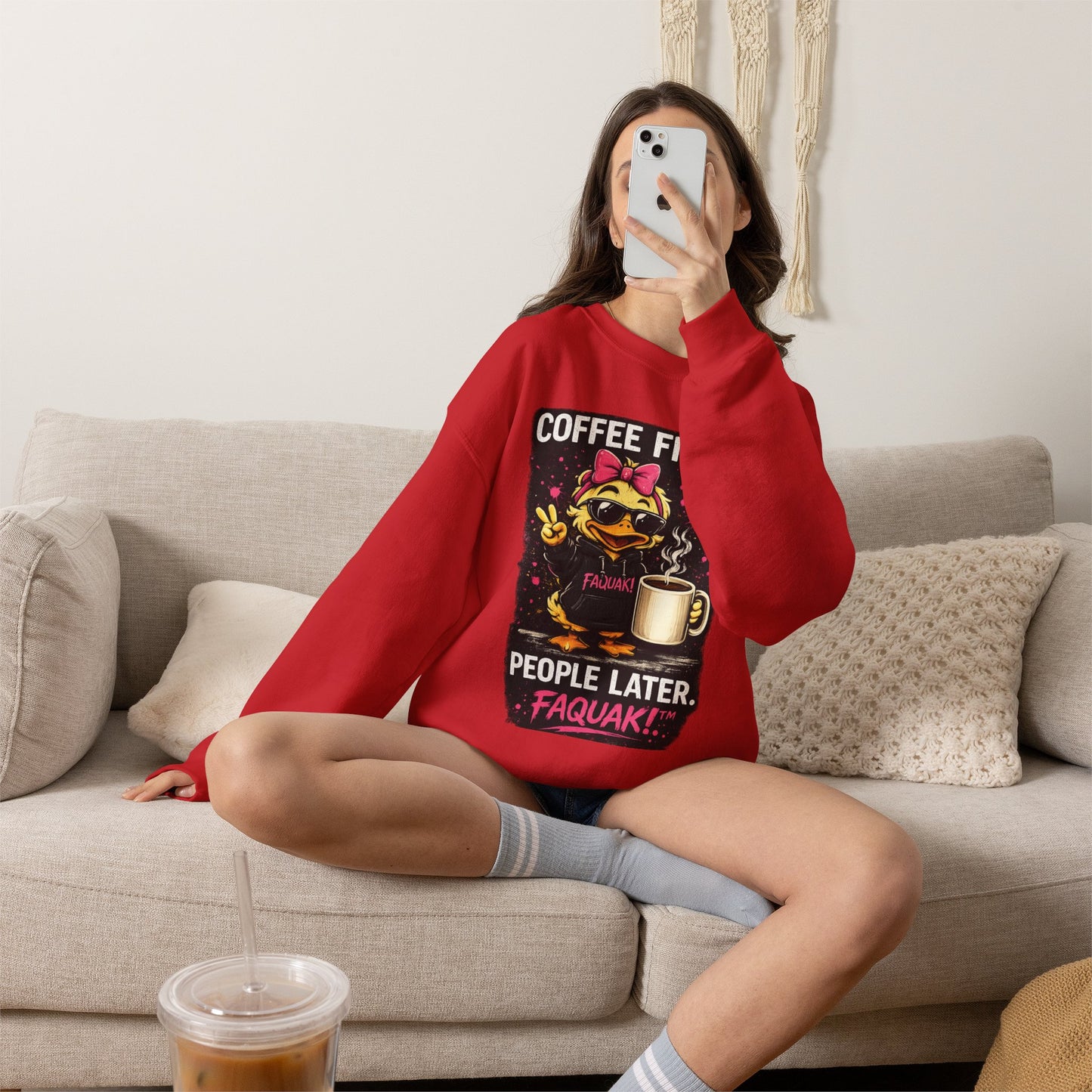 Faquak! Coffee First — Crewneck Sweatshirt | Cute Skate Duck Graphic