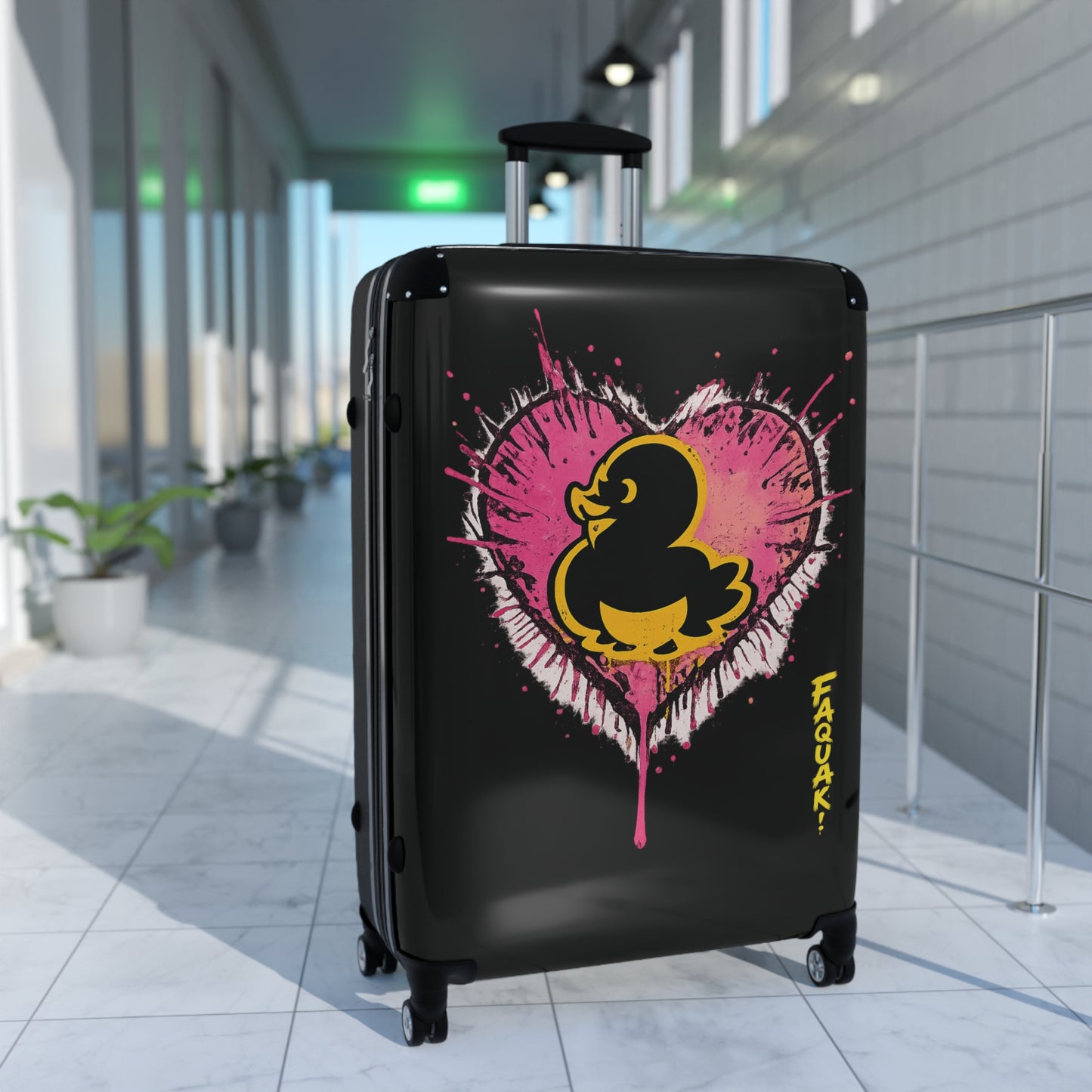 Suitcase — Black Rubber Duck Heart Print Carry-On Luggage