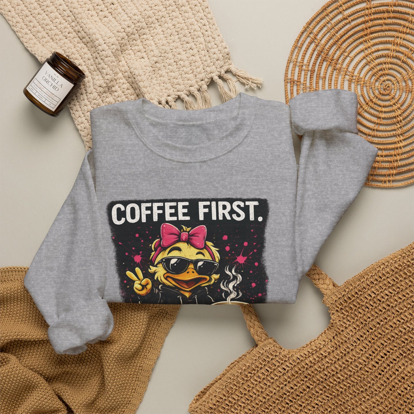 Coffee First-  Crewneck Sweatshirt — Cute Skate Duck Graphic