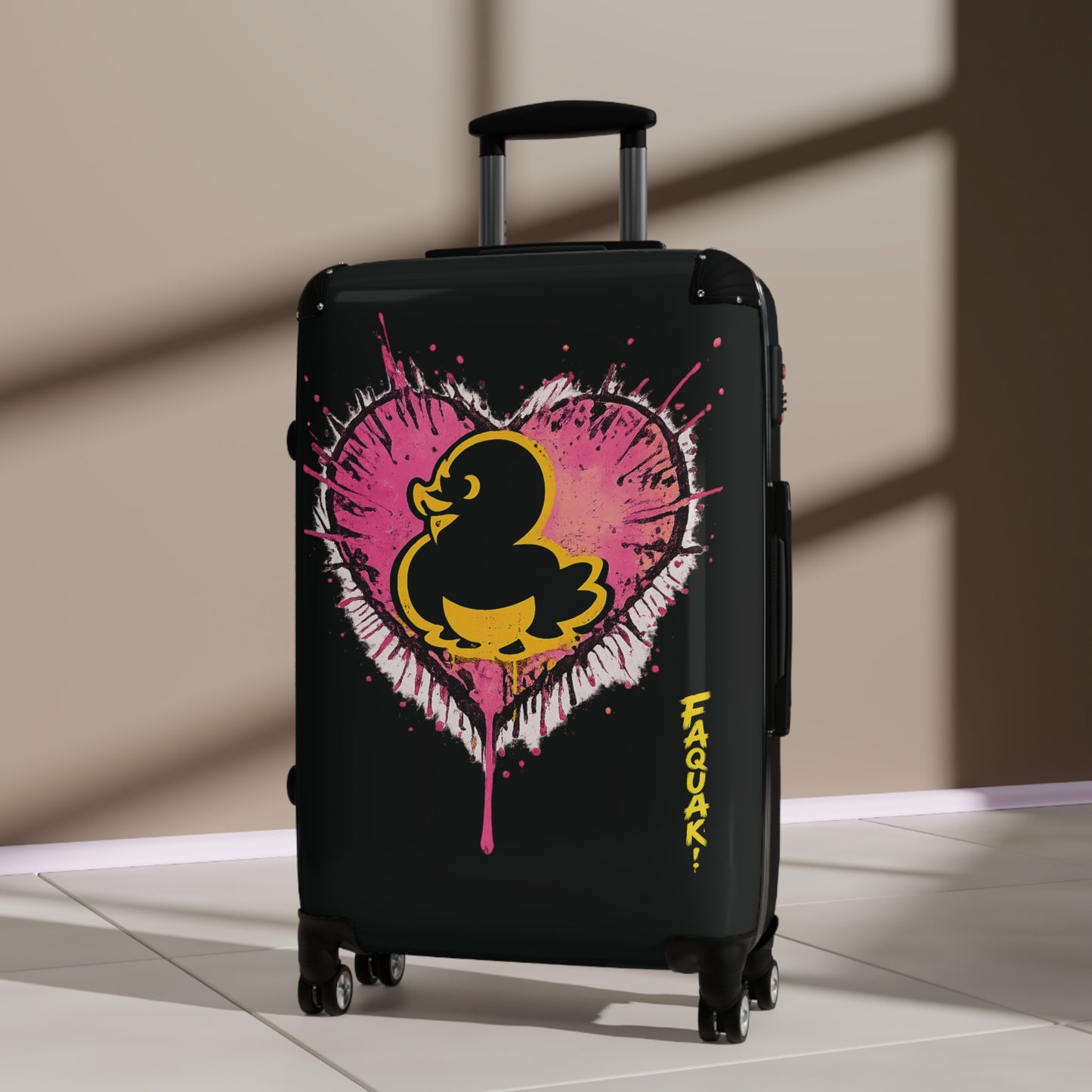 Suitcase — Black Rubber Duck Heart Print Carry-On Luggage