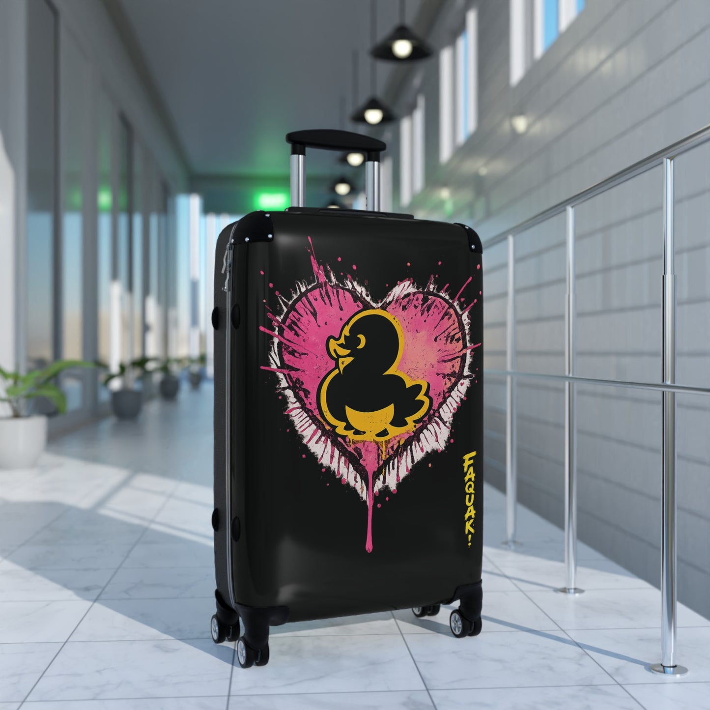 Suitcase — Black Rubber Duck Heart Print Carry-On Luggage