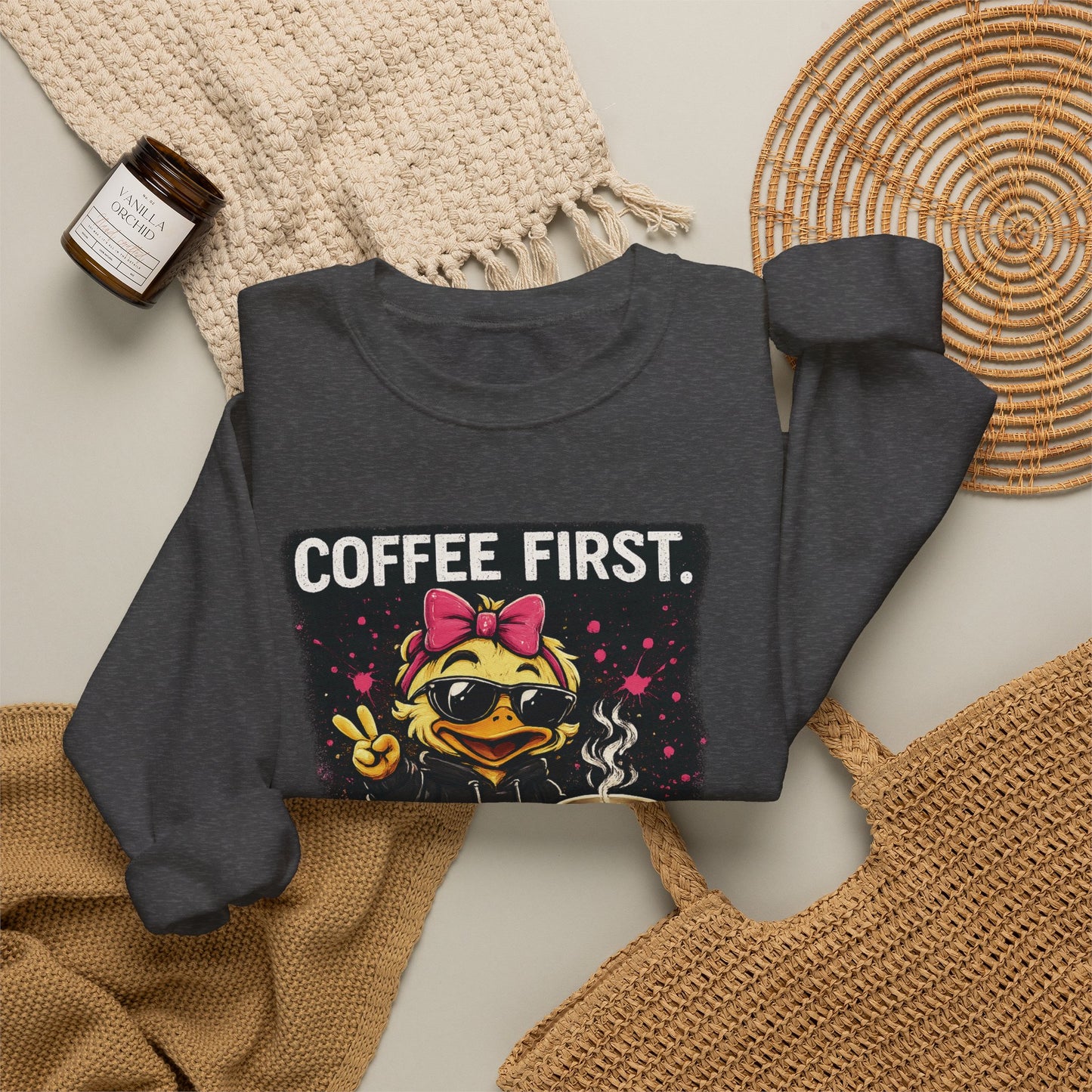 Coffee First-  Crewneck Sweatshirt — Cute Skate Duck Graphic