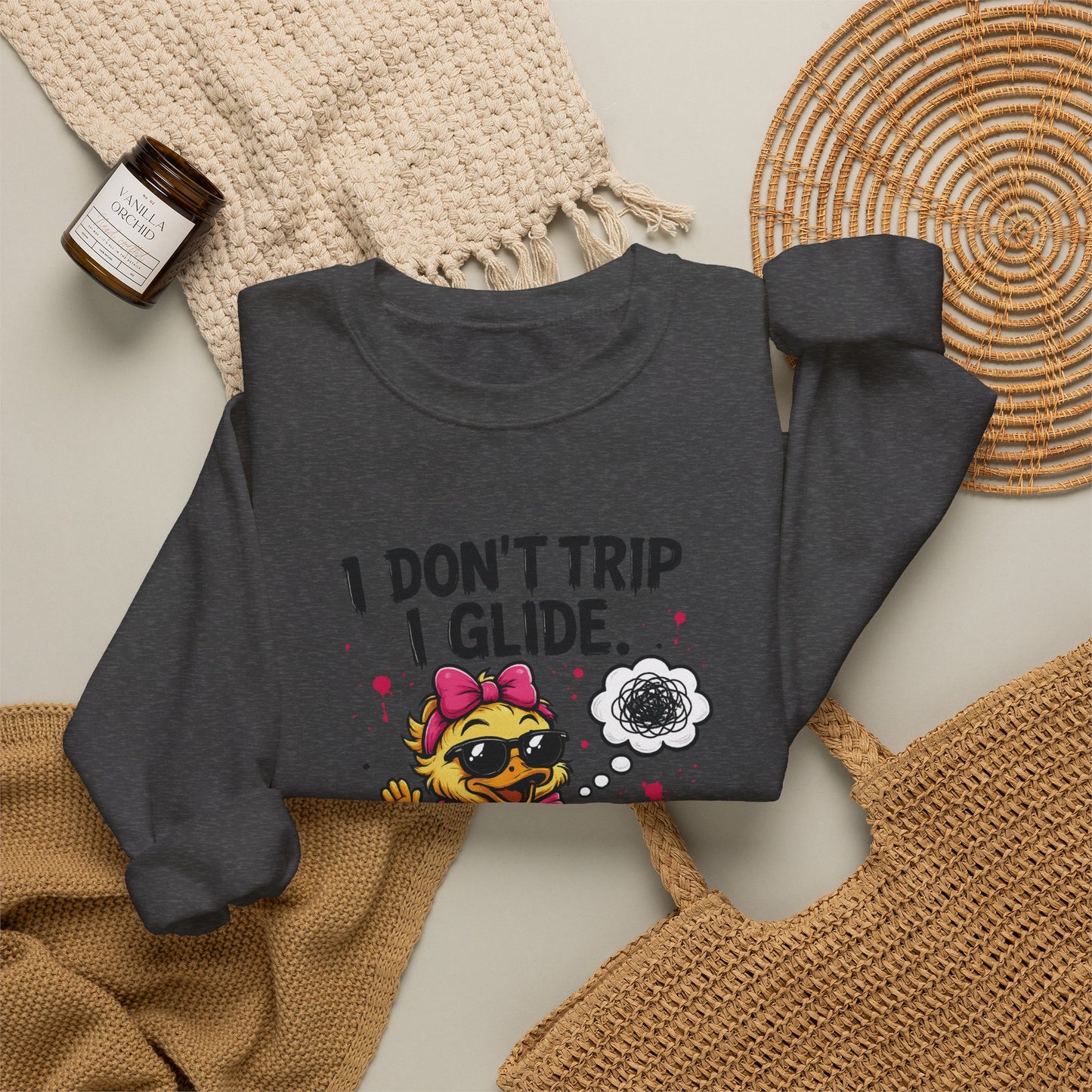 I Don’t Trip I Glide Crewneck Sweatshirt — Cute Skate Duck Graphic