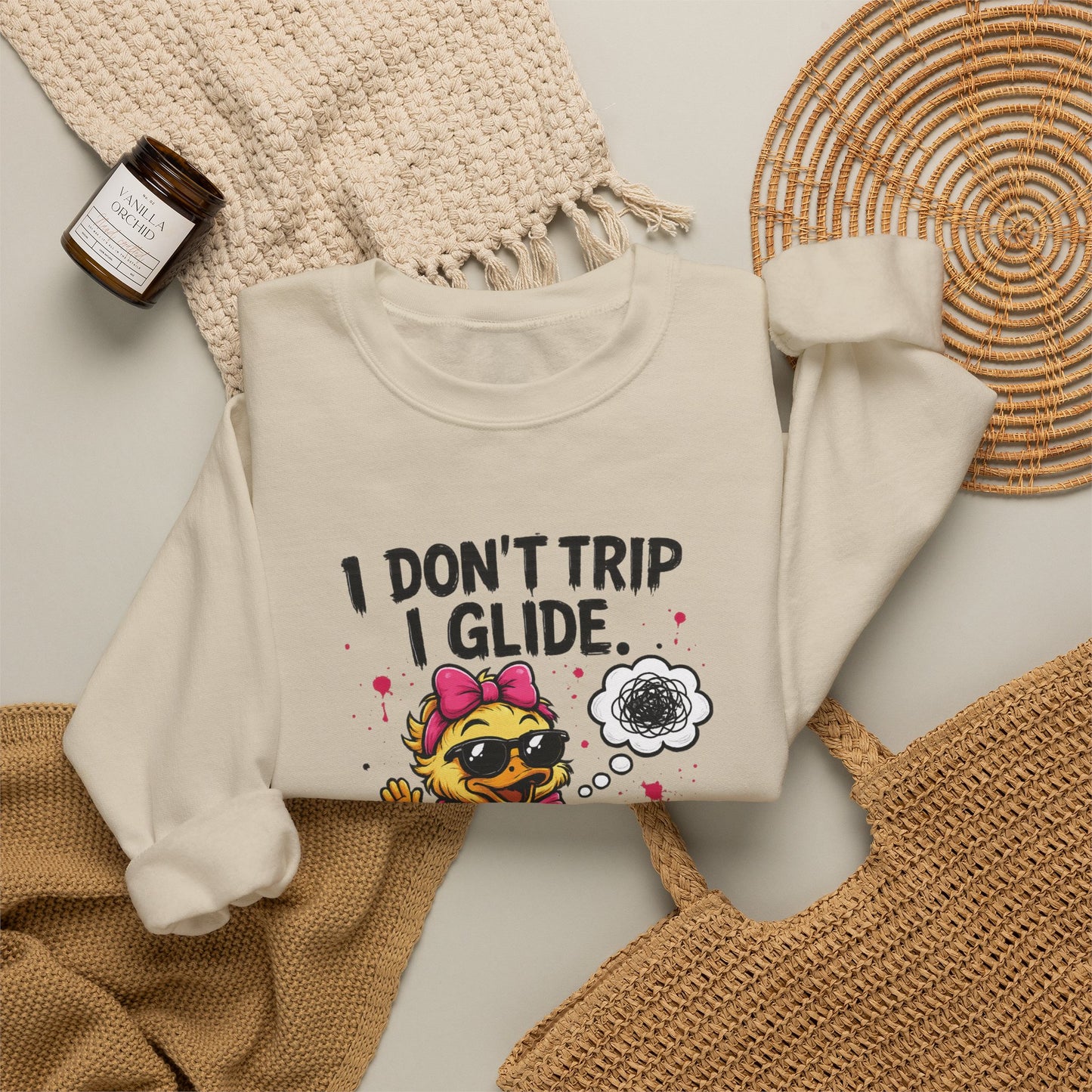 I Don’t Trip I Glide Crewneck Sweatshirt — Cute Skate Duck Graphic