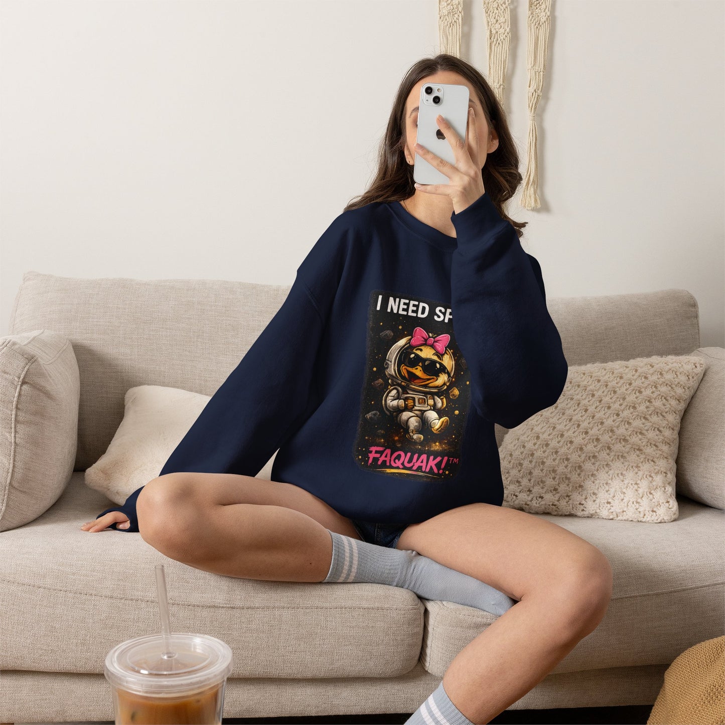 Need Space I Glide Crewneck Sweatshirt — Cute Skate Duck Graphic