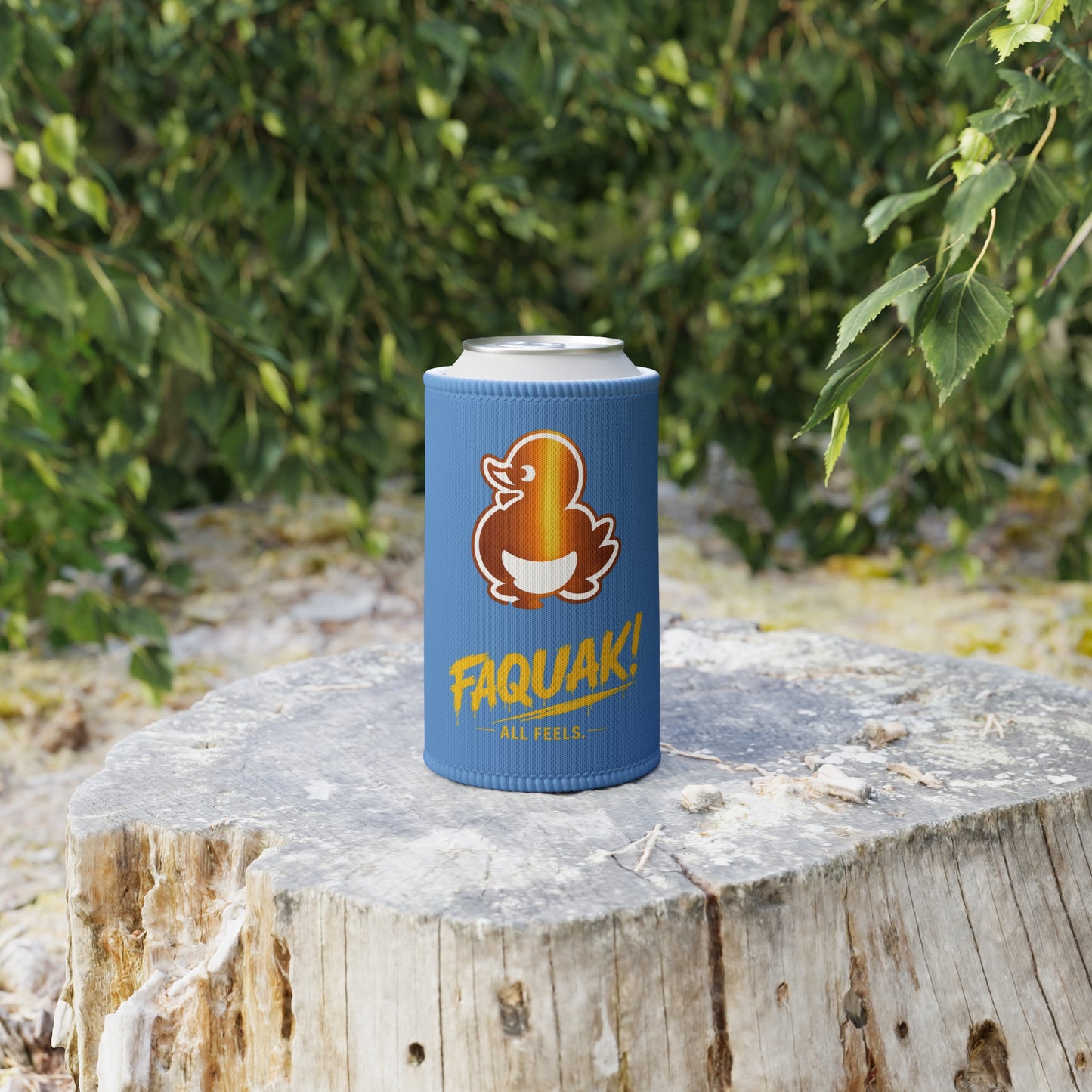 Blue Stubby Cooler — 'Faquak! All Feels' Duck Logo Can Cooler