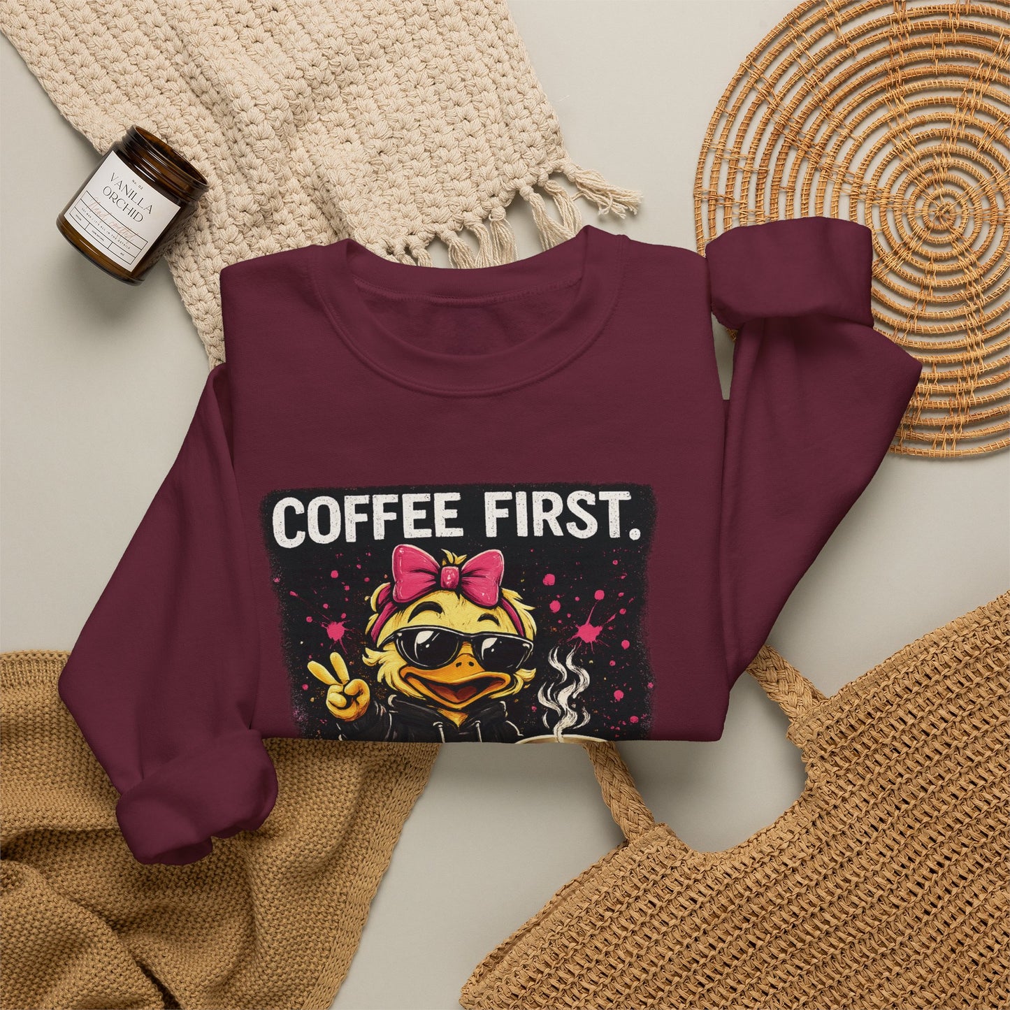 Coffee First-  Crewneck Sweatshirt — Cute Skate Duck Graphic
