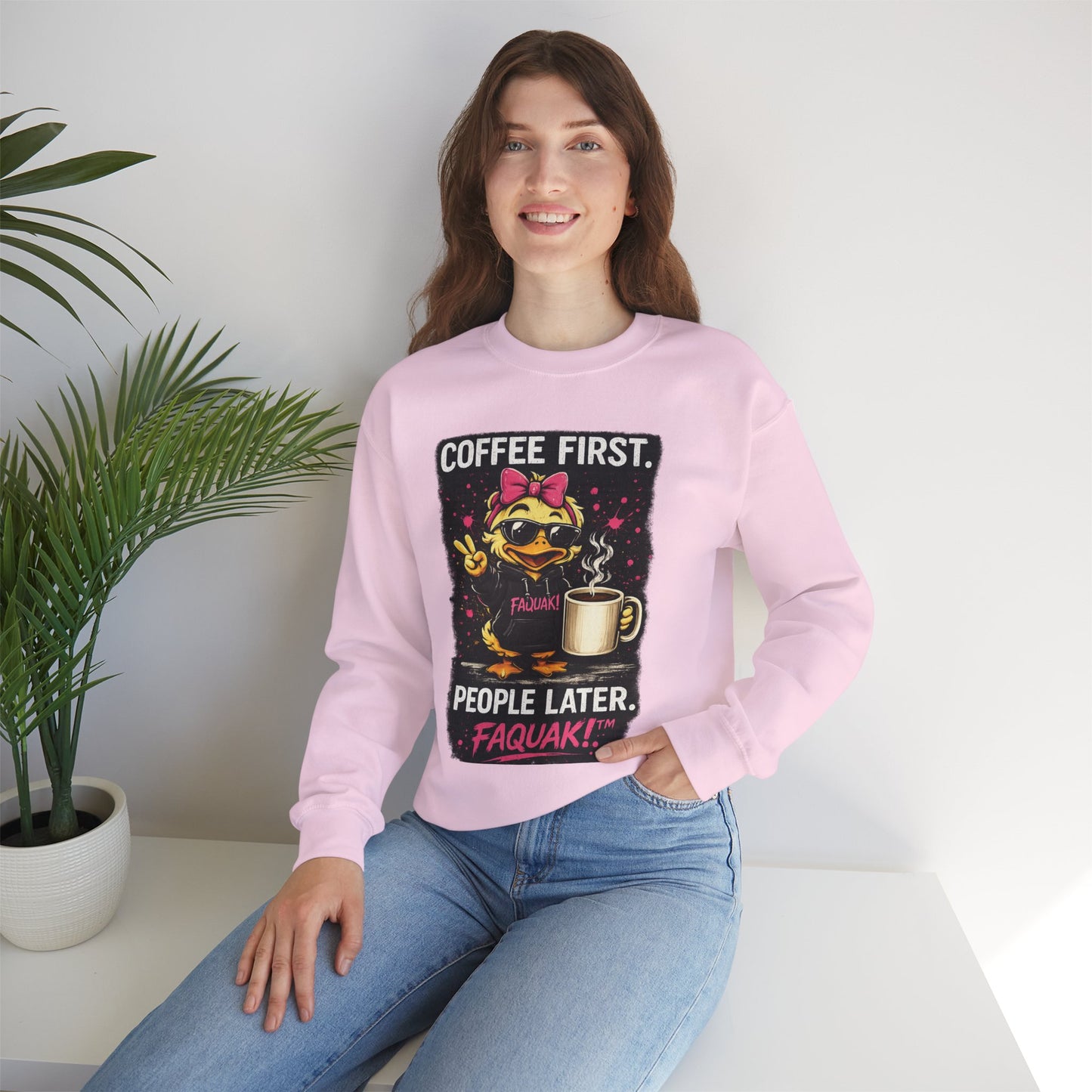 Coffee First-  Crewneck Sweatshirt — Cute Skate Duck Graphic