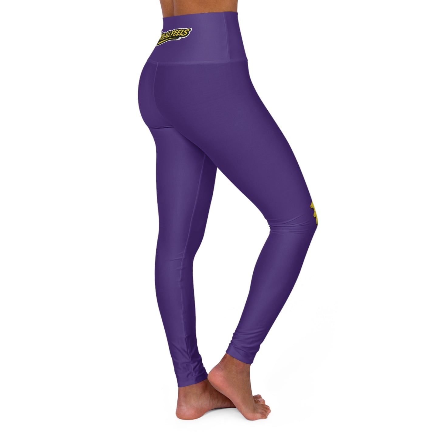 High-Waist Purple Yoga Leggings with "FAQUAK!" Side Text & "ONE WORD ALL FEELS" Back Graphic