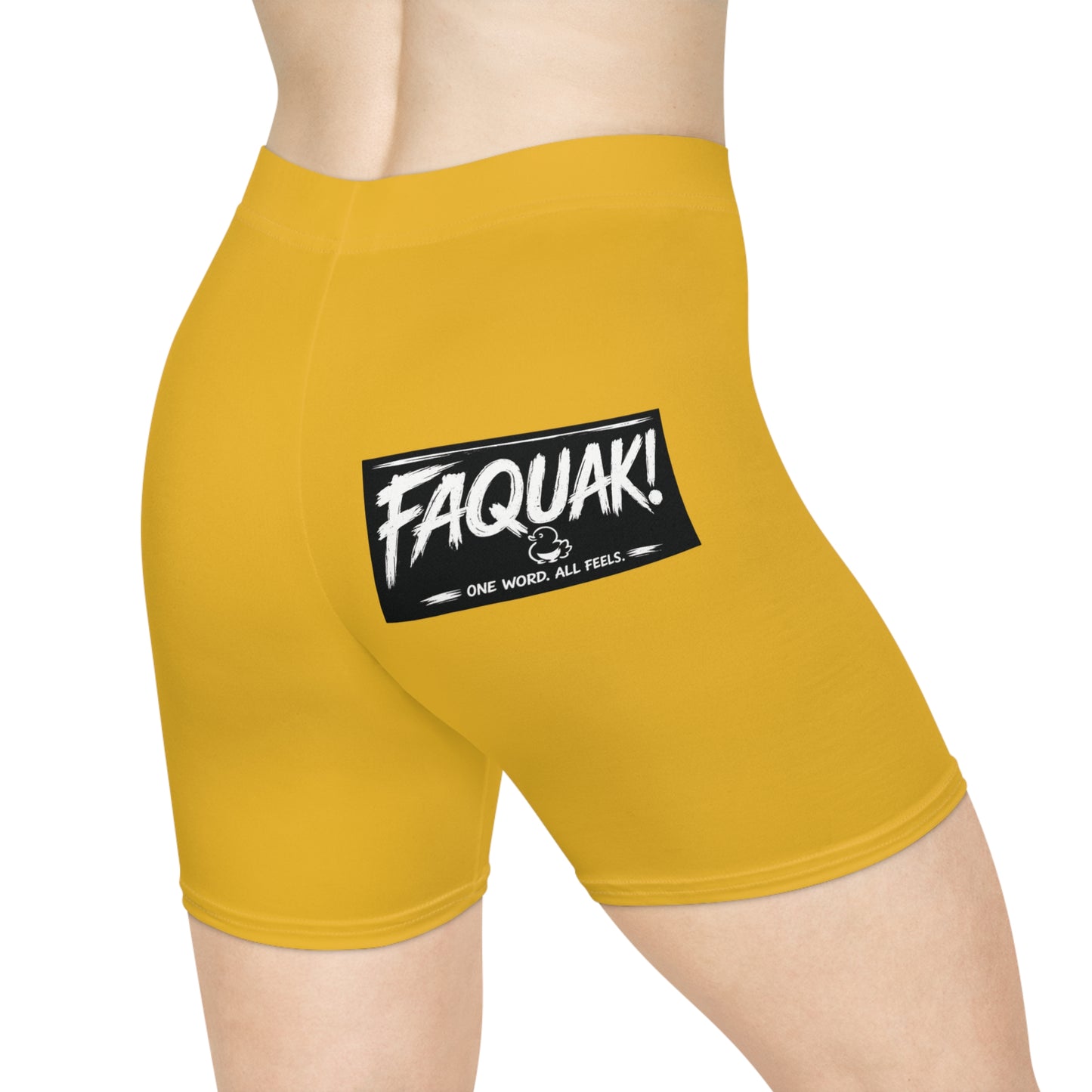 Biker Shorts — Yellow "FAQUAK!" Graphic Fitness Shorts