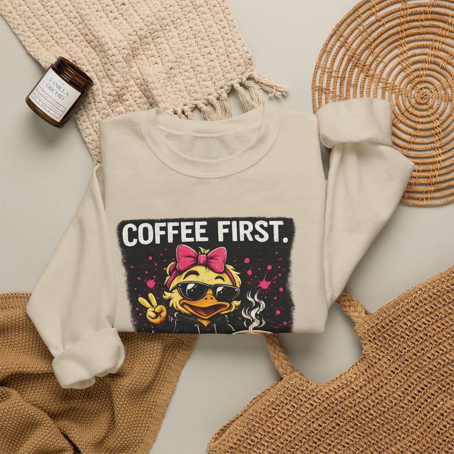 Coffee First-  Crewneck Sweatshirt — Cute Skate Duck Graphic