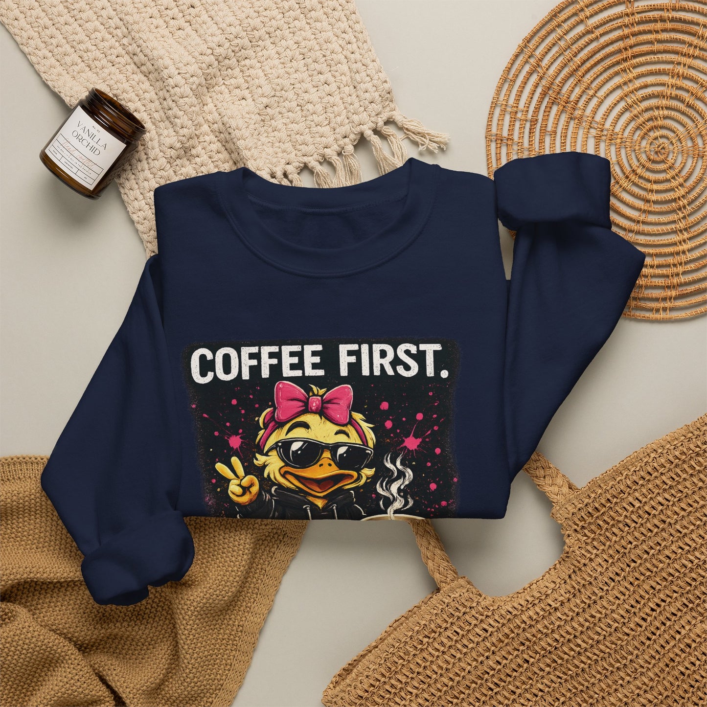 Coffee First-  Crewneck Sweatshirt — Cute Skate Duck Graphic