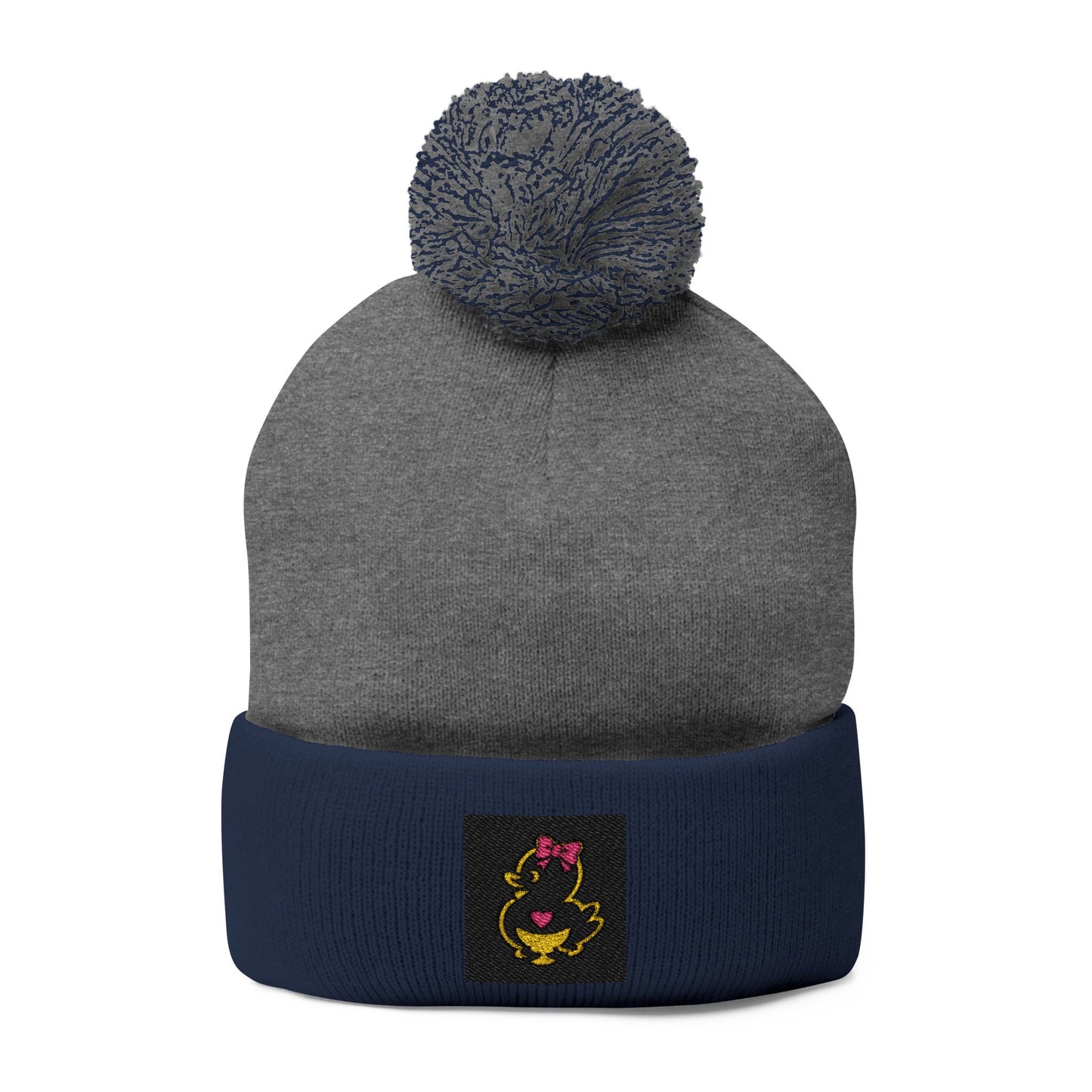 Faquak! Embroidered Pom-Pom Beanie — Cute Cat Heart Design