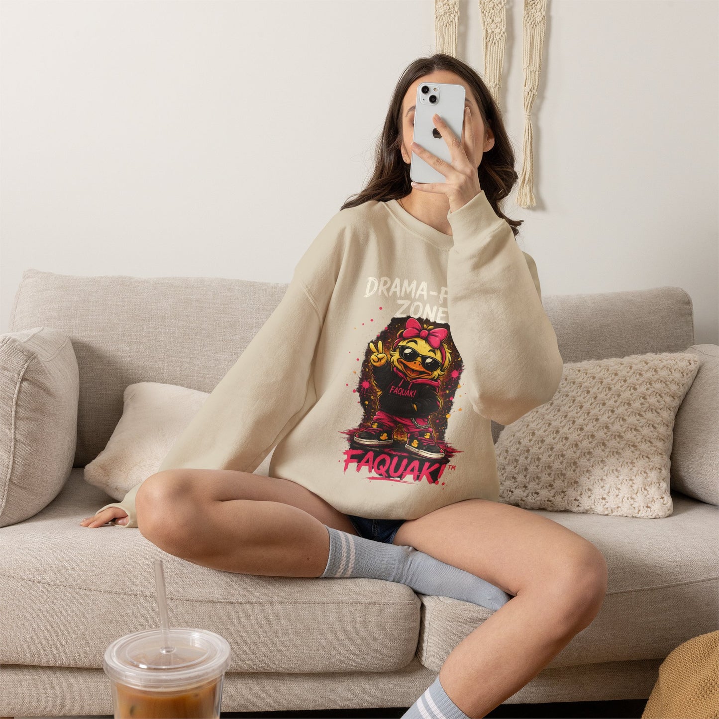 Faquak! Drama-Free — Crewneck Sweatshirt | Cute Skate Duck Graphic