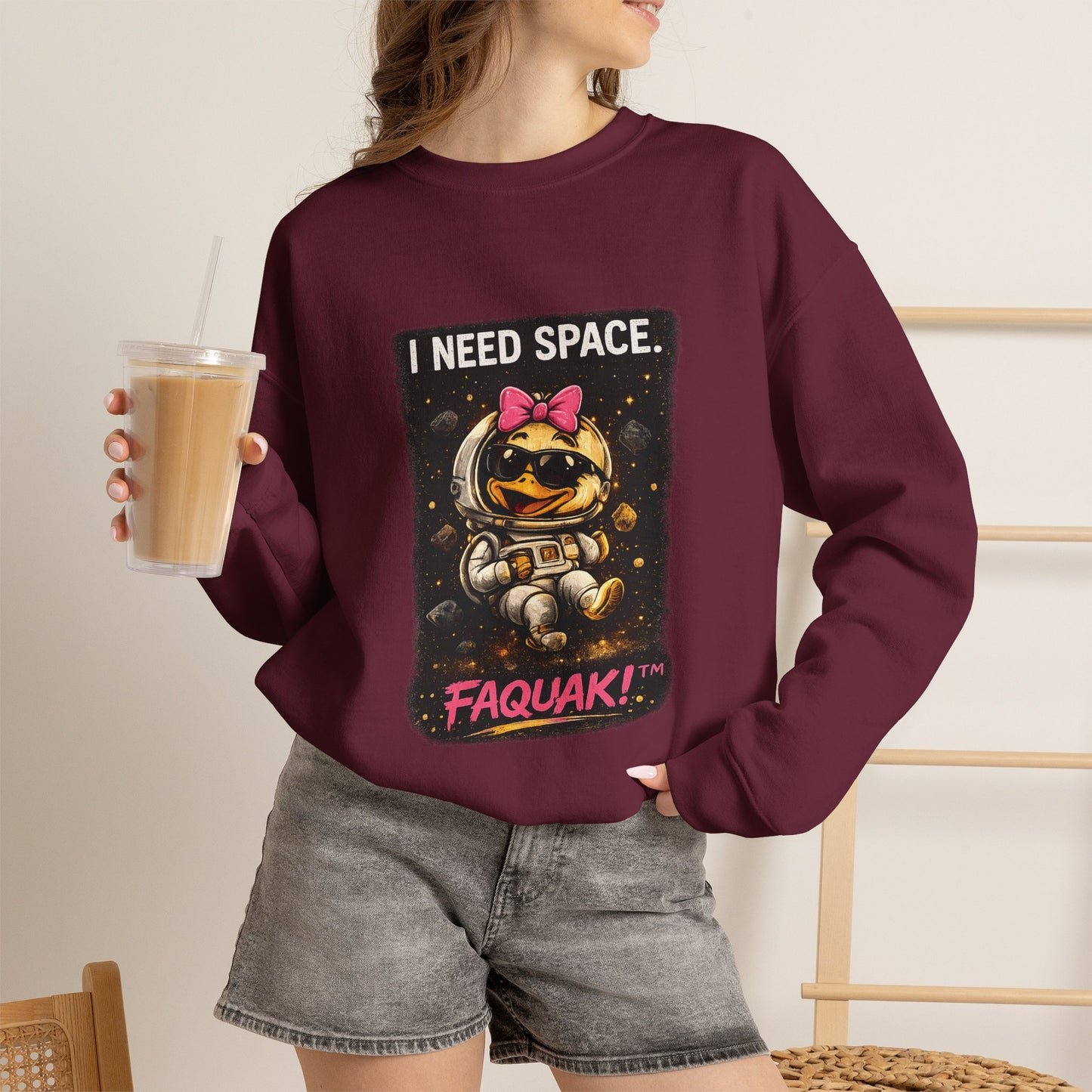Need Space I Glide Crewneck Sweatshirt — Cute Skate Duck Graphic