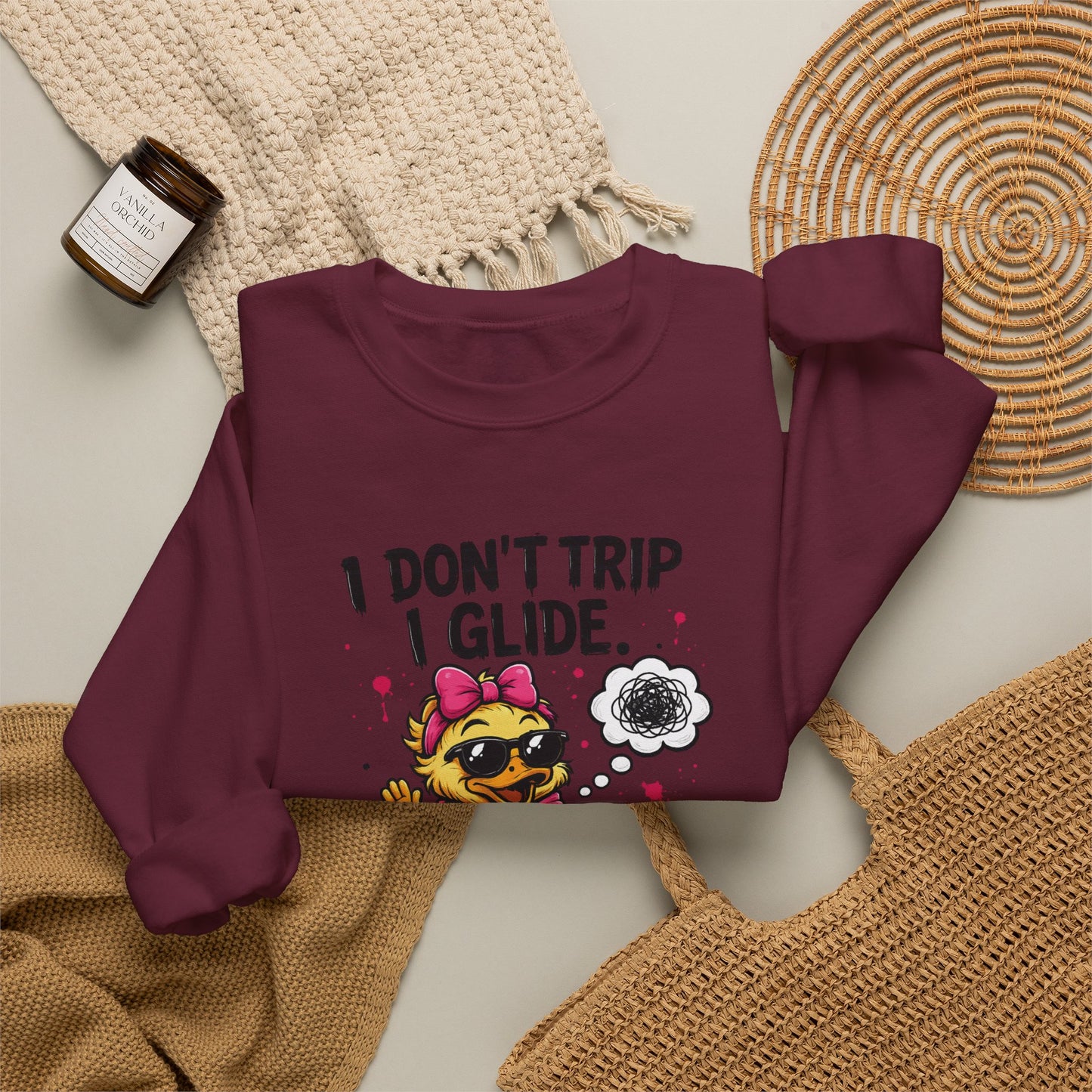 I Don’t Trip I Glide Crewneck Sweatshirt — Cute Skate Duck Graphic