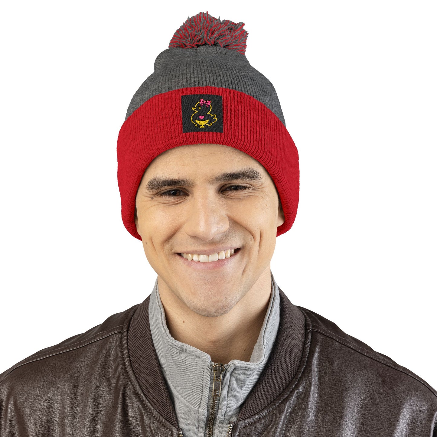 Faquak! Embroidered Pom-Pom Beanie — Cute Cat Heart Design