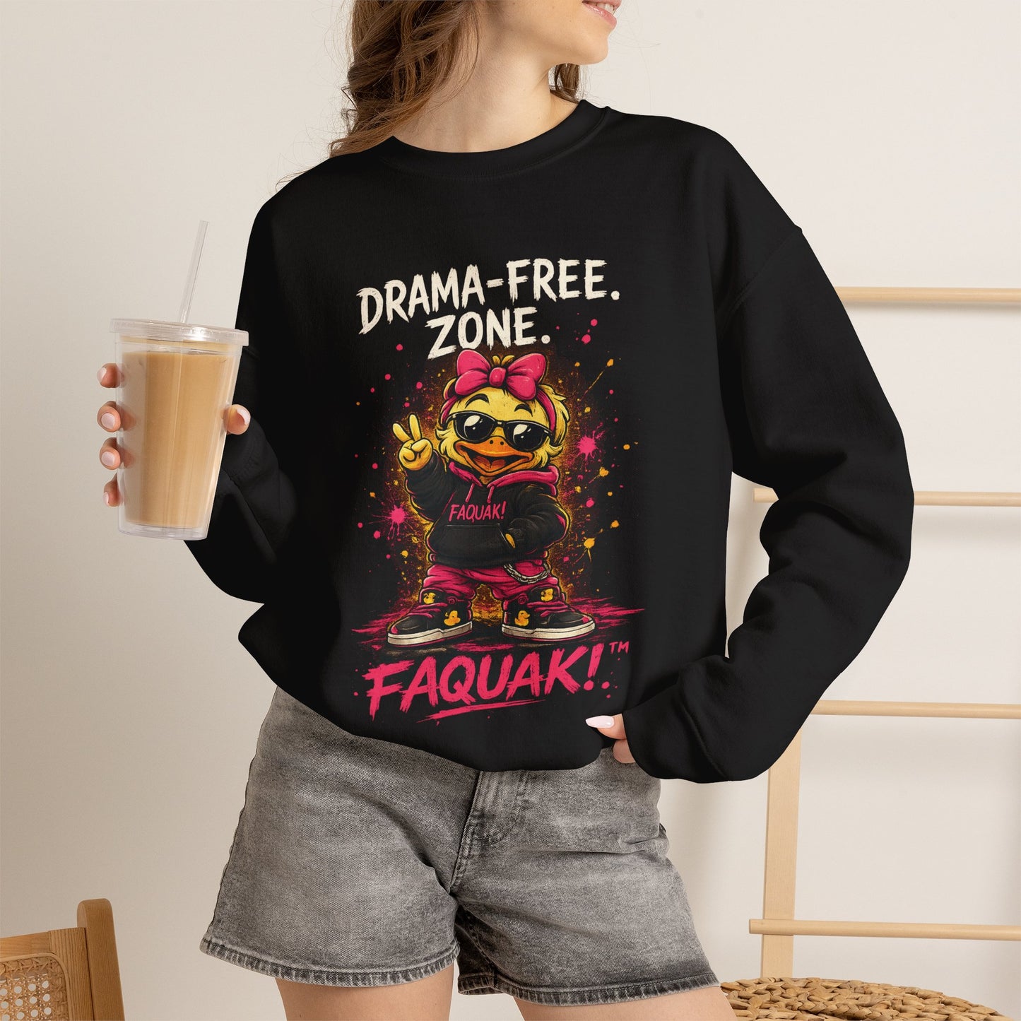 Faquak! Drama-Free — Crewneck Sweatshirt | Cute Skate Duck Graphic