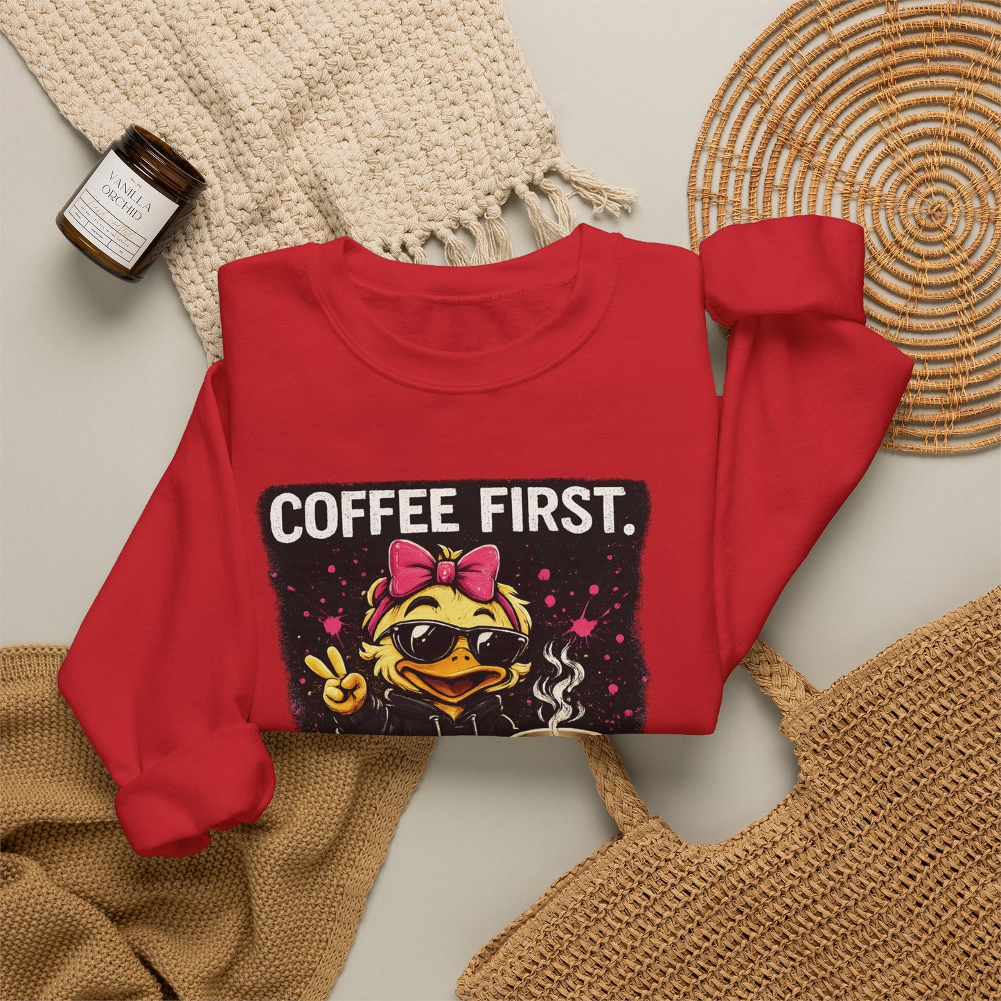 Coffee First-  Crewneck Sweatshirt — Cute Skate Duck Graphic