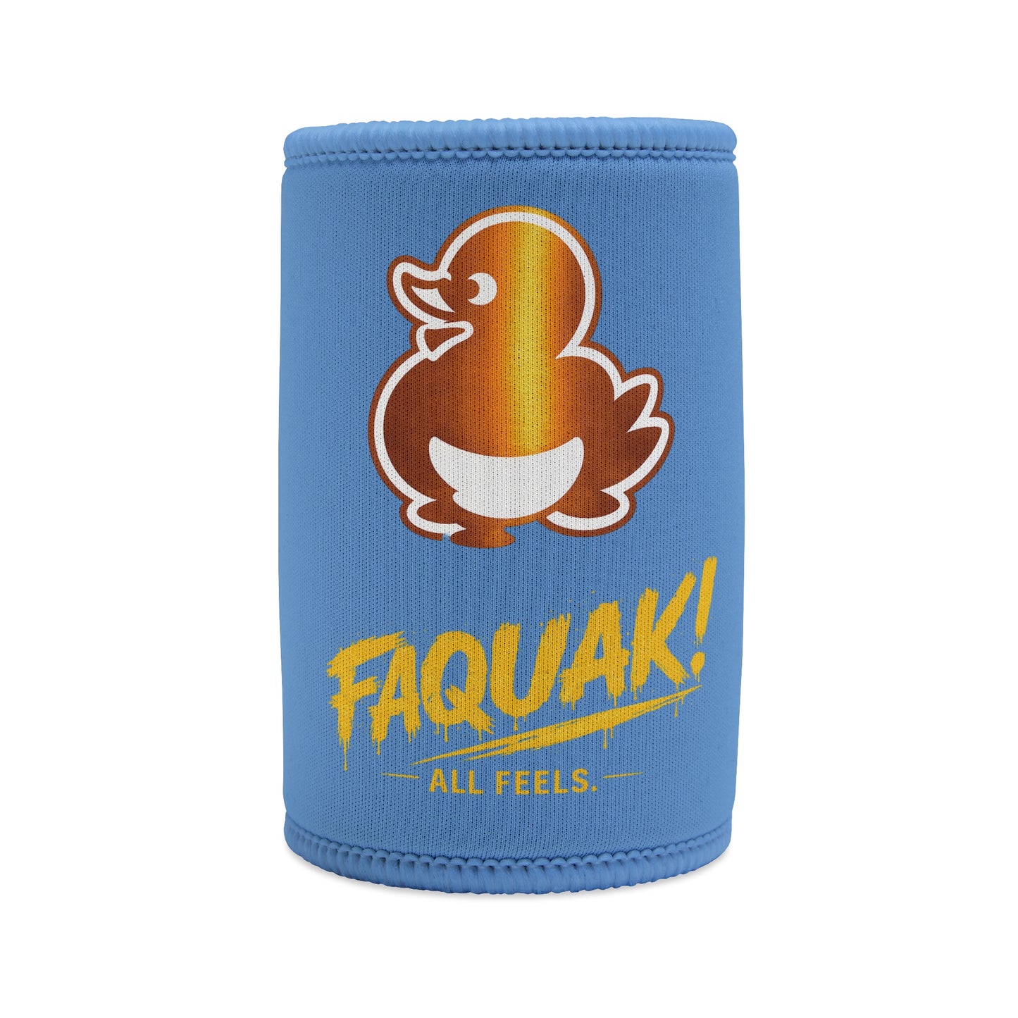 Blue Stubby Cooler — 'Faquak! All Feels' Duck Logo Can Cooler
