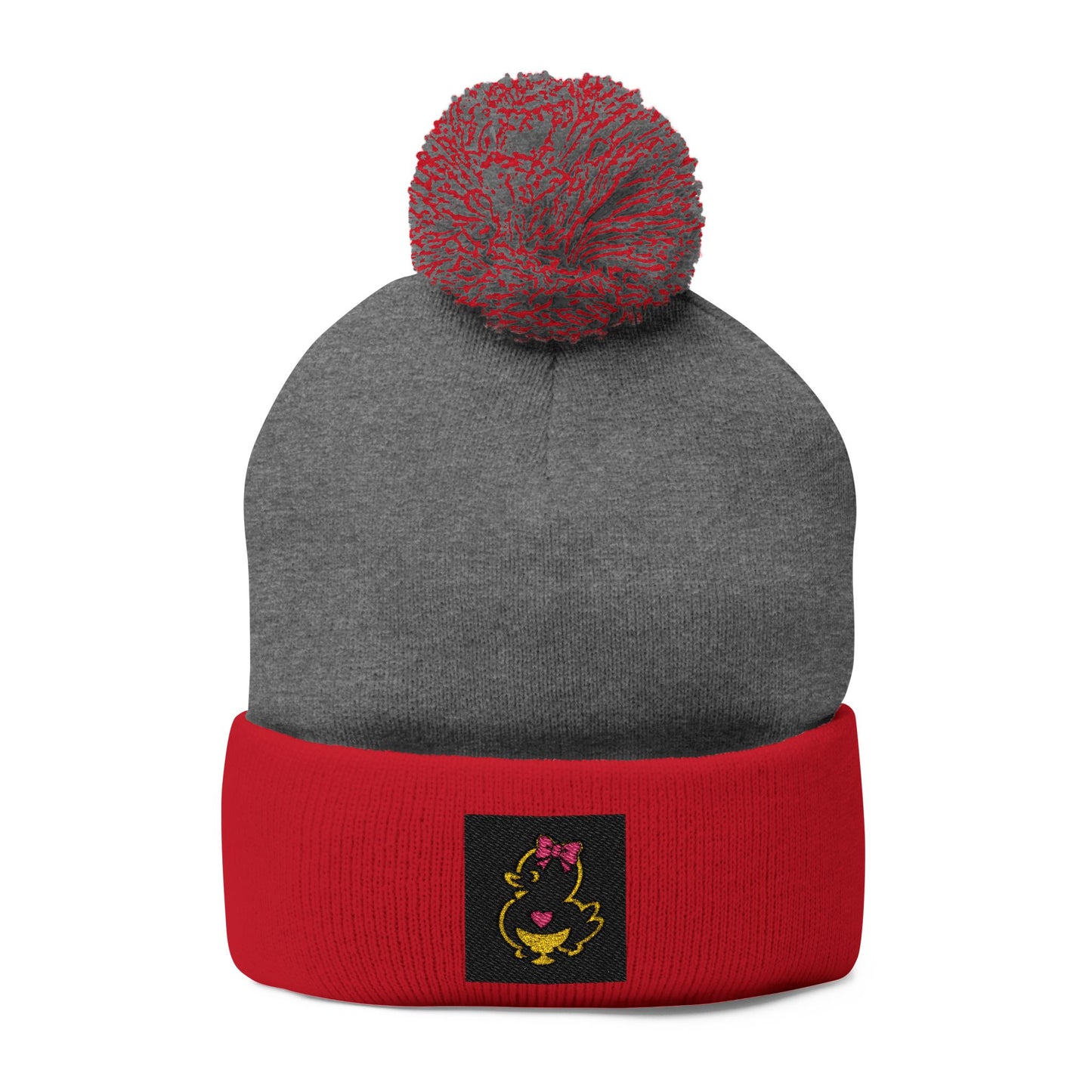 Faquak! Embroidered Pom-Pom Beanie — Cute Cat Heart Design