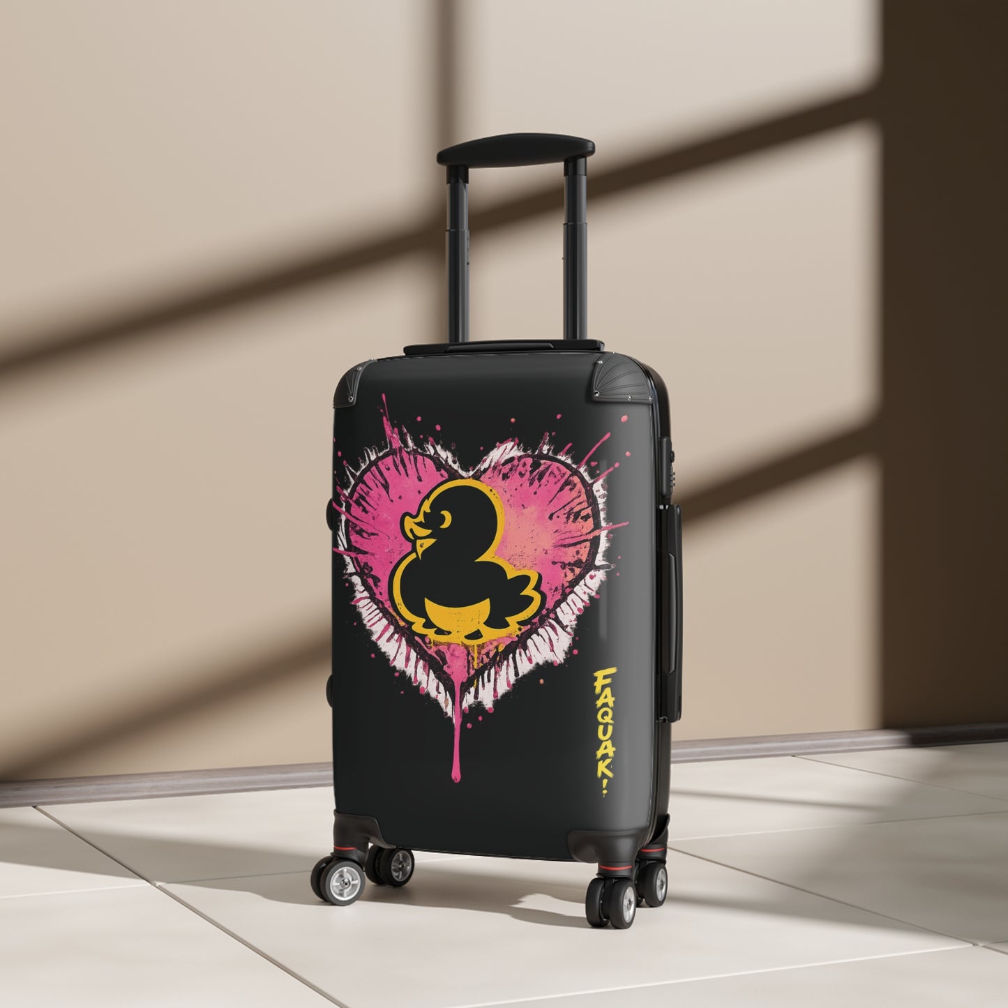 Suitcase — Black Rubber Duck Heart Print Carry-On Luggage