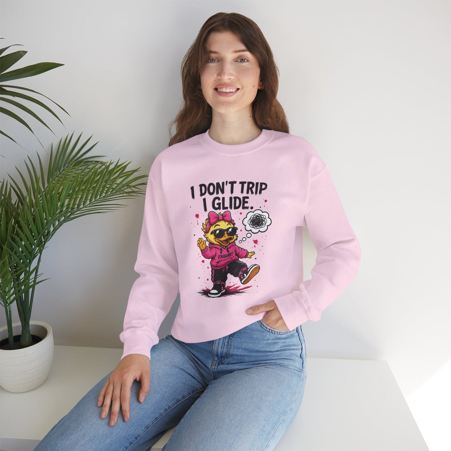 I Don’t Trip I Glide Crewneck Sweatshirt — Cute Skate Duck Graphic