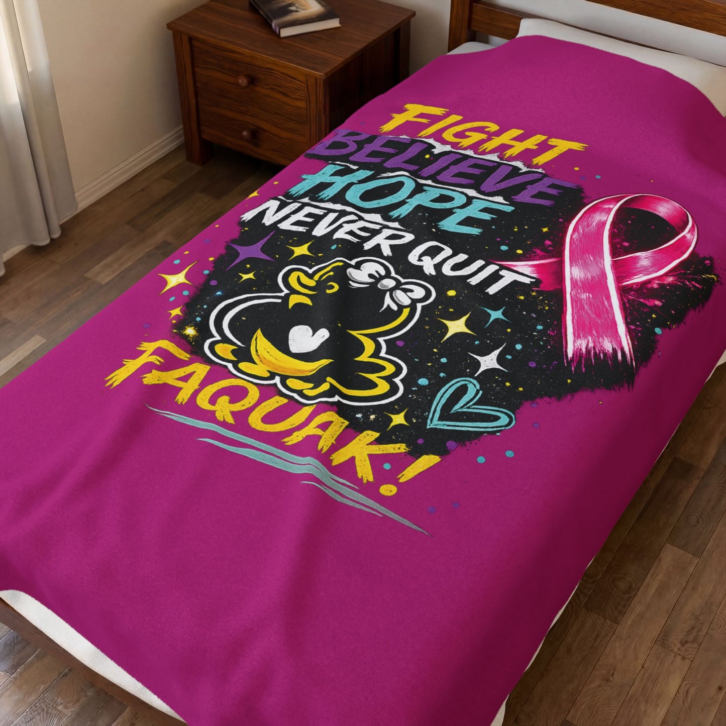 Breast Cancer Awareness Plush Blanket – "Fight Believe Hope Never Quit" Velveteen Throw