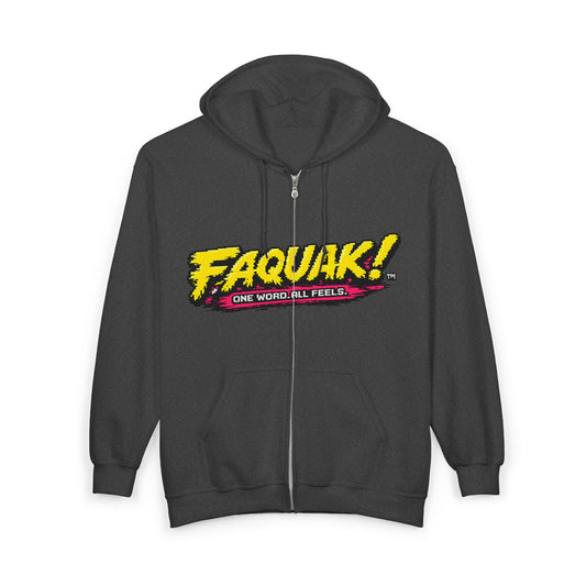 F!AQUAK! Zip Hoodie — Retro Neon Graphic “One Word, All Feels”