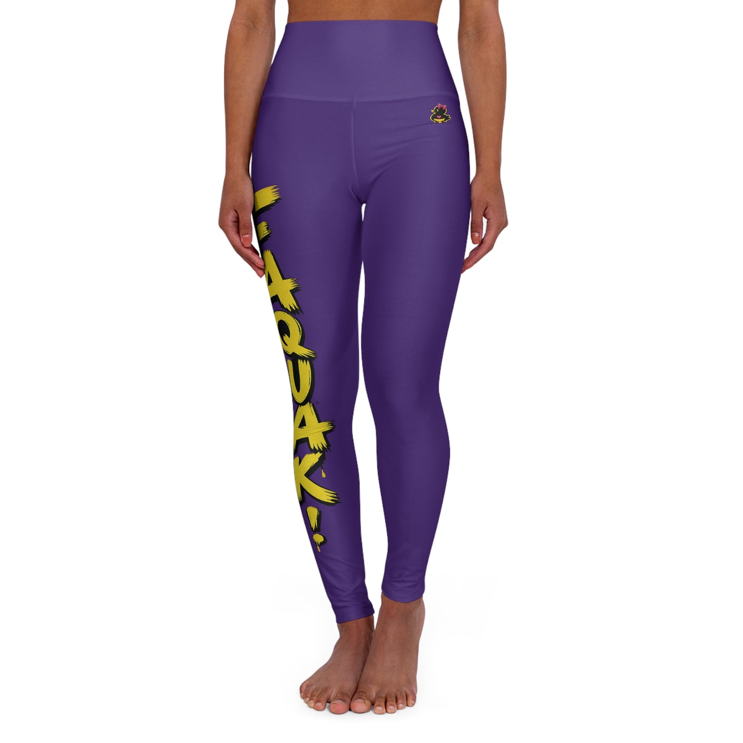 High-Waist Purple Yoga Leggings with "FAQUAK!" Side Text & "ONE WORD ALL FEELS" Back Graphic