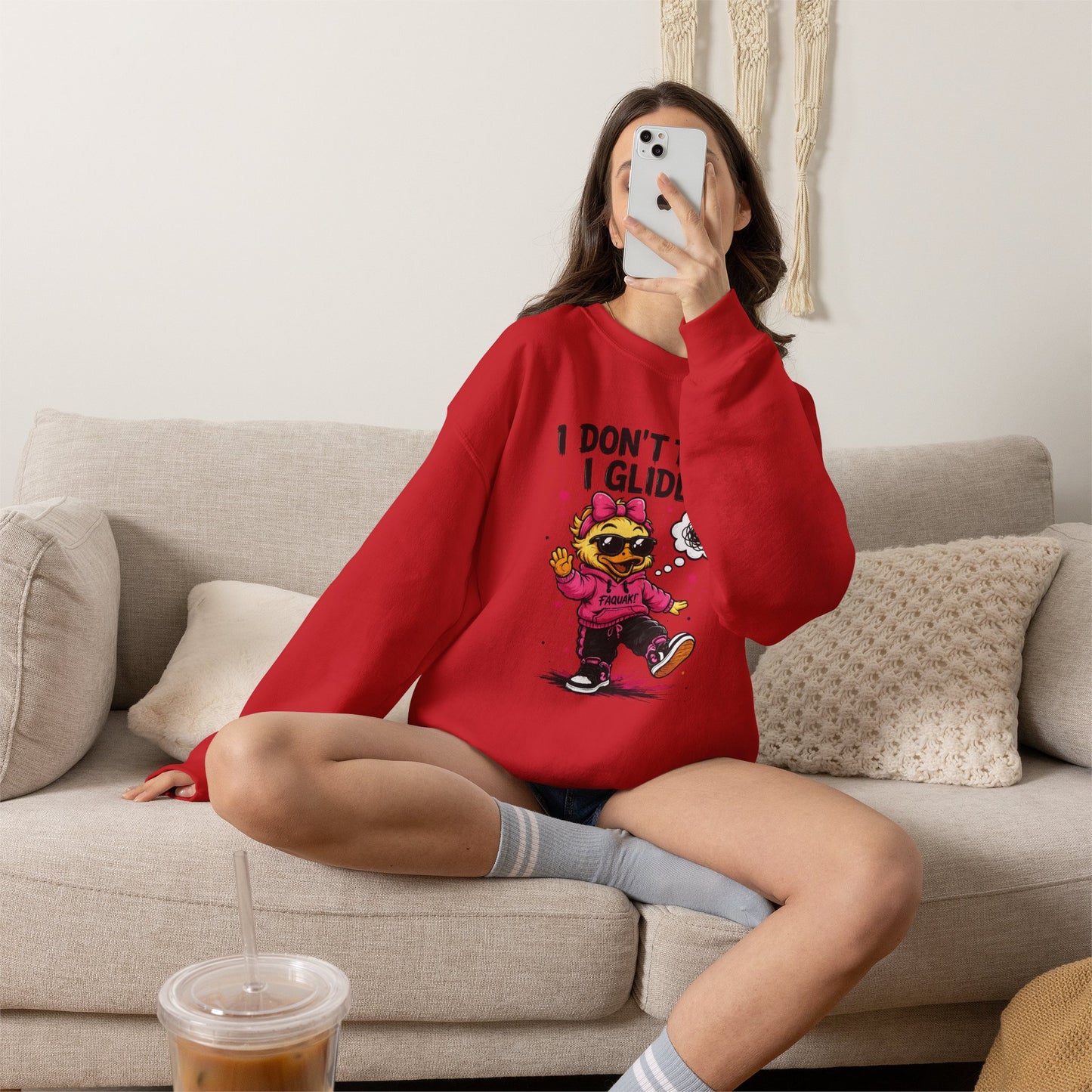 I Don’t Trip I Glide Crewneck Sweatshirt — Cute Skate Duck Graphic