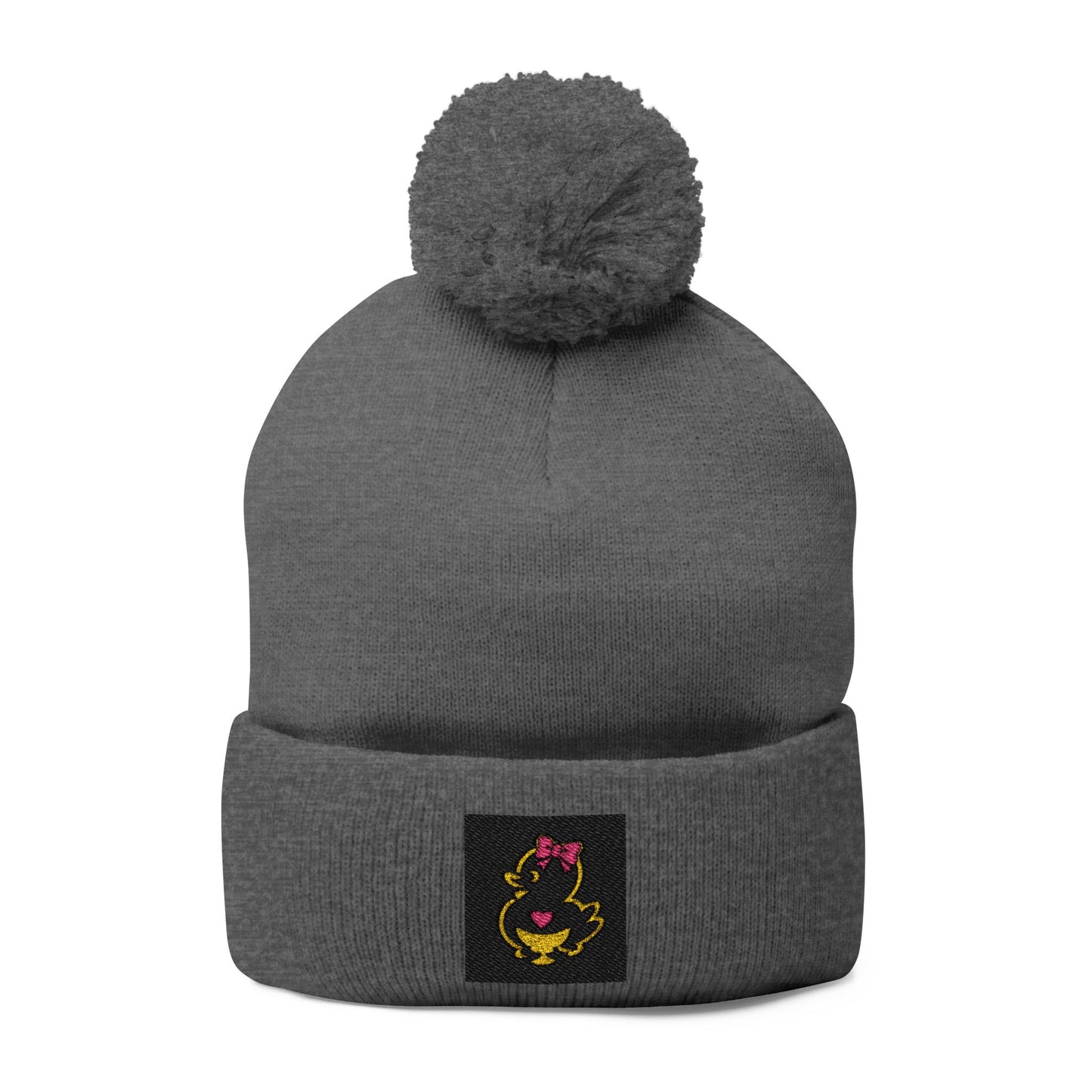 Faquak! Embroidered Pom-Pom Beanie — Cute Cat Heart Design