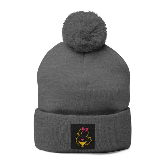 Faquak! Embroidered Pom-Pom Beanie — Cute Cat Heart Design