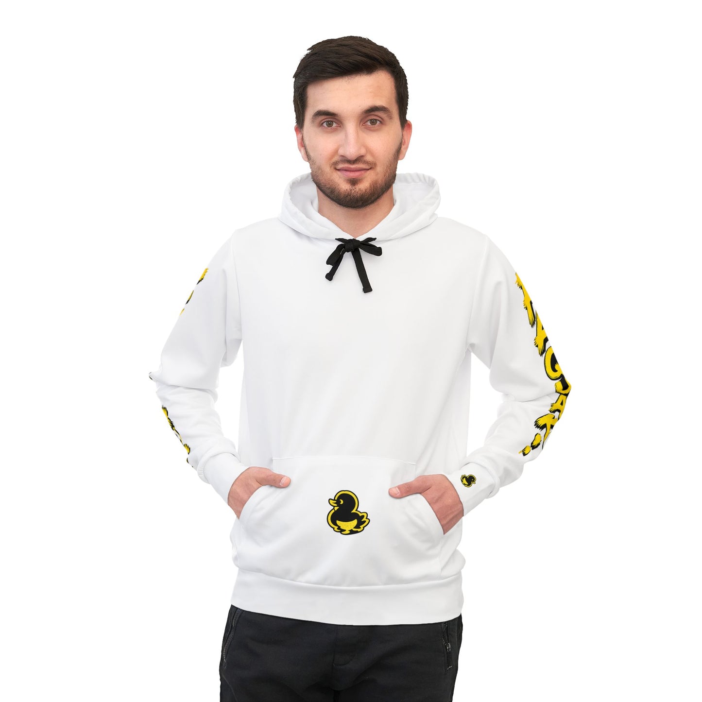 White Athletic Hoodie — FAQUAK! Rubber Duck Graphic Pullover