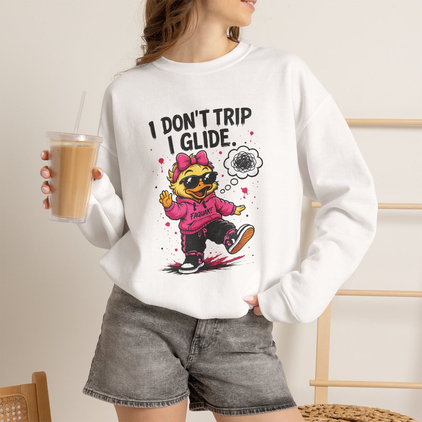 I Don’t Trip I Glide Crewneck Sweatshirt — Cute Skate Duck Graphic