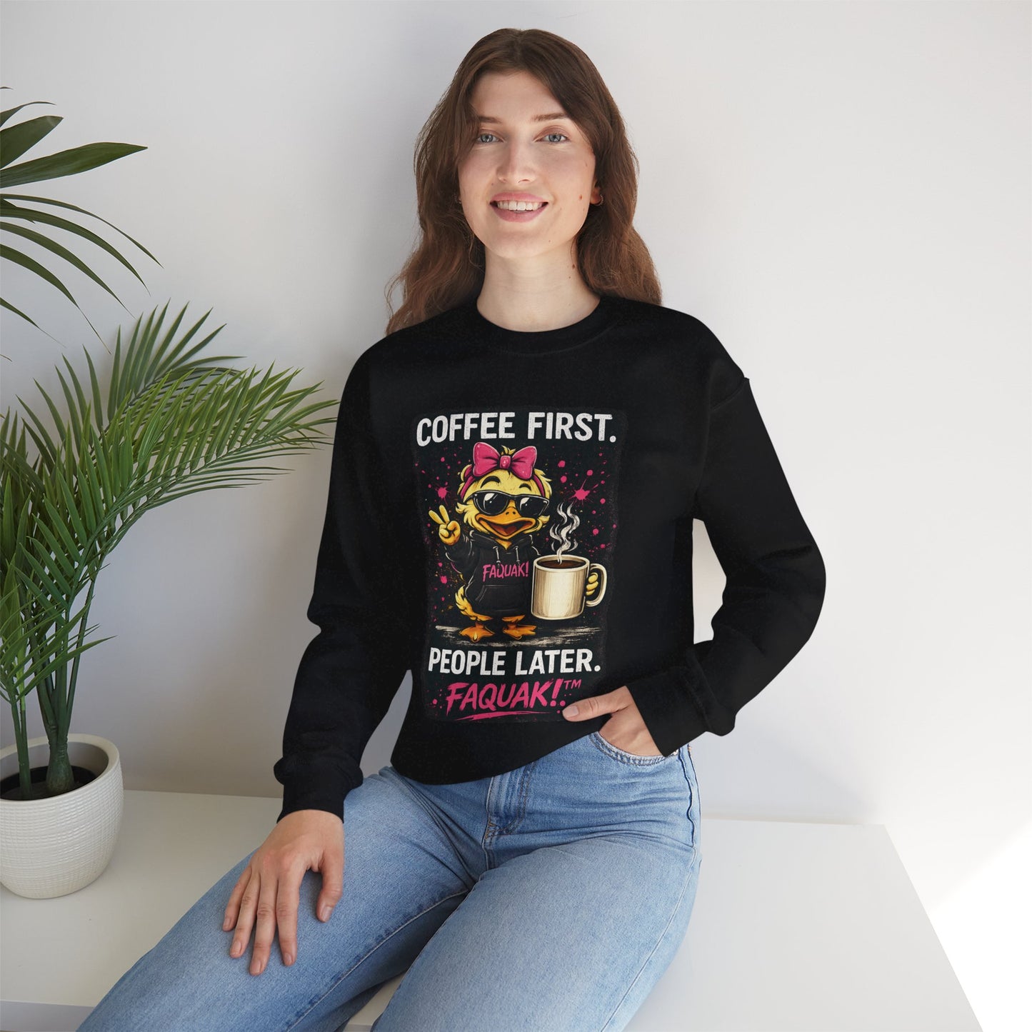 Coffee First-  Crewneck Sweatshirt — Cute Skate Duck Graphic