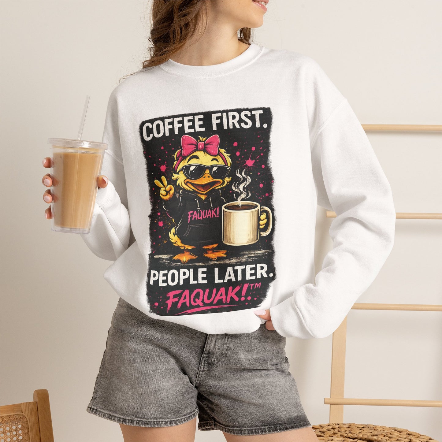 Coffee First-  Crewneck Sweatshirt — Cute Skate Duck Graphic