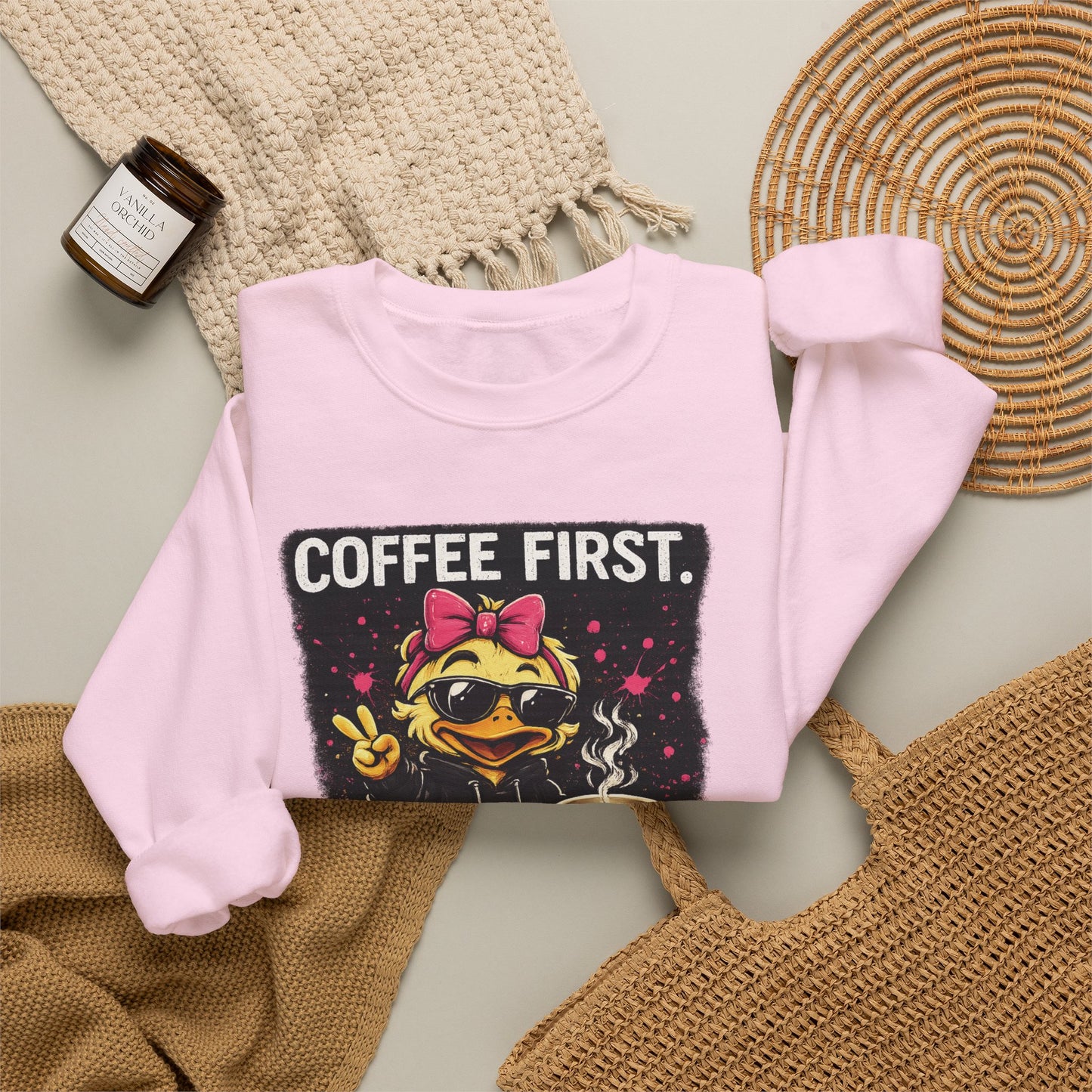 Coffee First-  Crewneck Sweatshirt — Cute Skate Duck Graphic