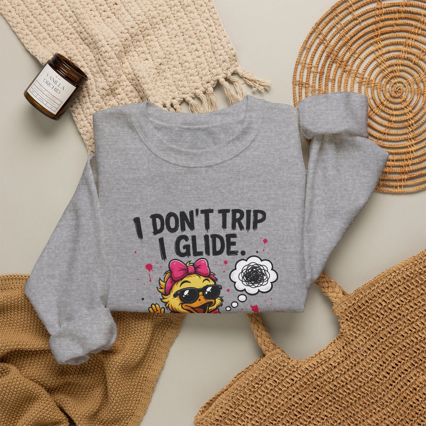 I Don’t Trip I Glide Crewneck Sweatshirt — Cute Skate Duck Graphic