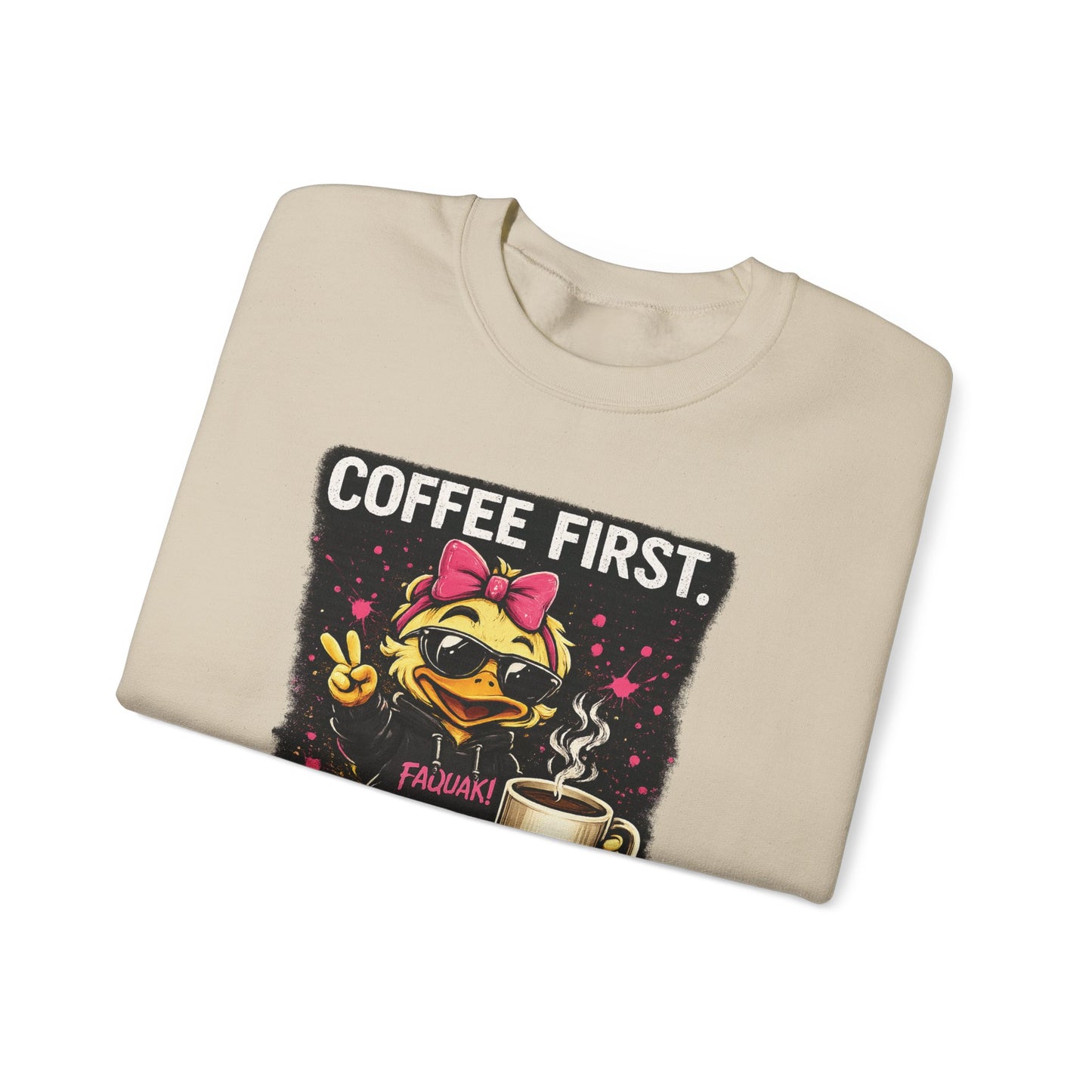 Coffee First-  Crewneck Sweatshirt — Cute Skate Duck Graphic