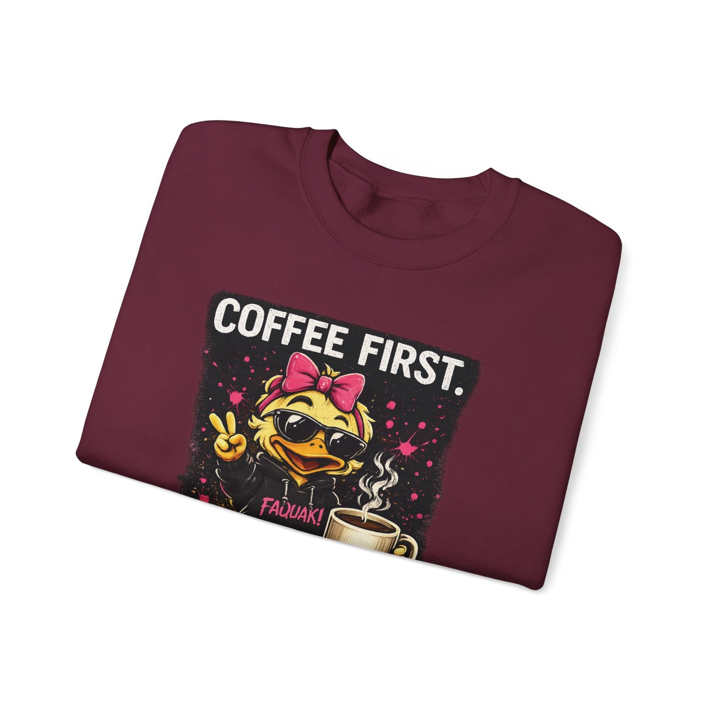 Coffee First-  Crewneck Sweatshirt — Cute Skate Duck Graphic