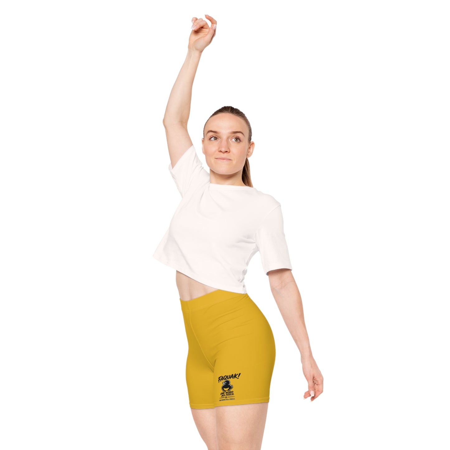Biker Shorts — Yellow "FAQUAK!" Graphic Fitness Shorts