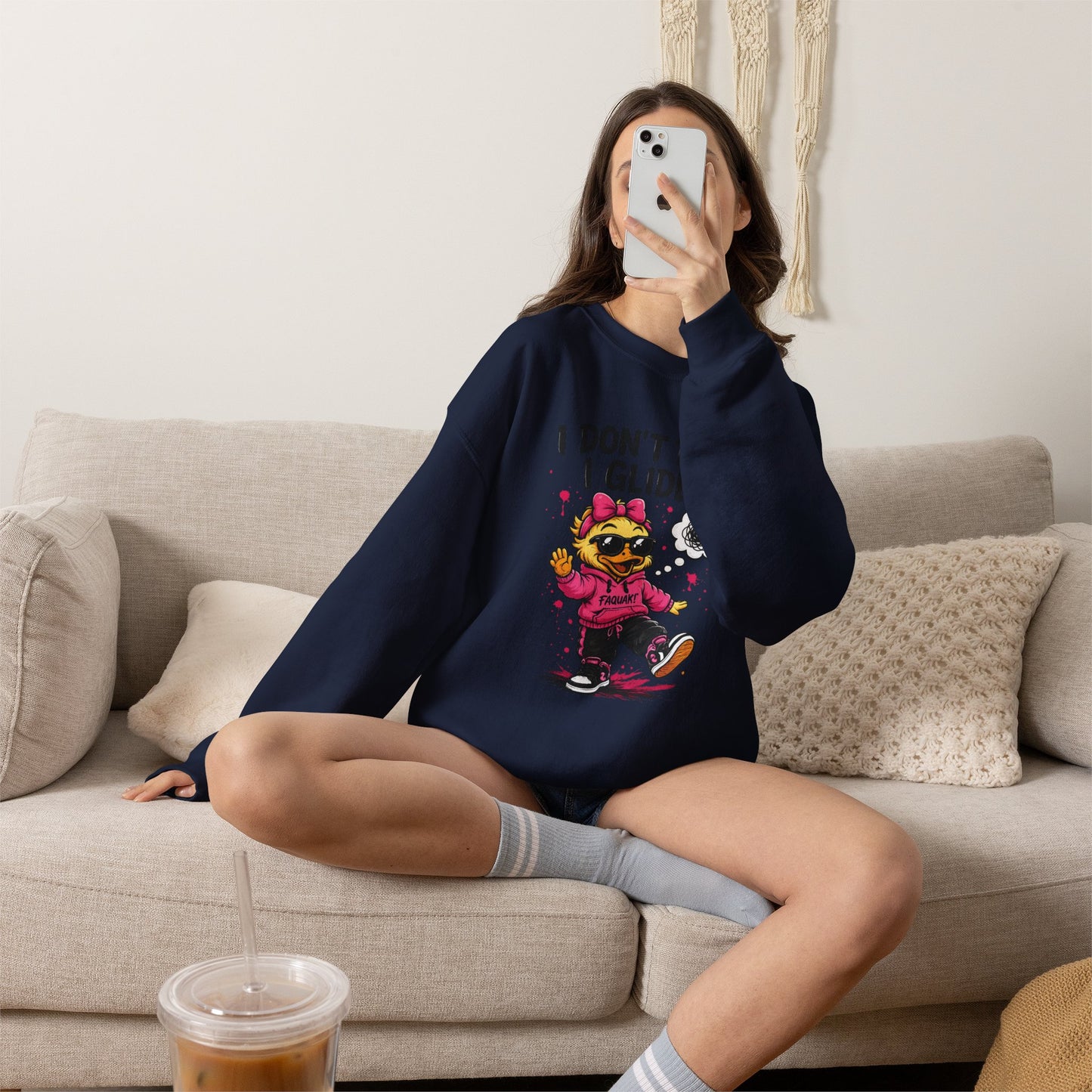 I Don’t Trip I Glide Crewneck Sweatshirt — Cute Skate Duck Graphic