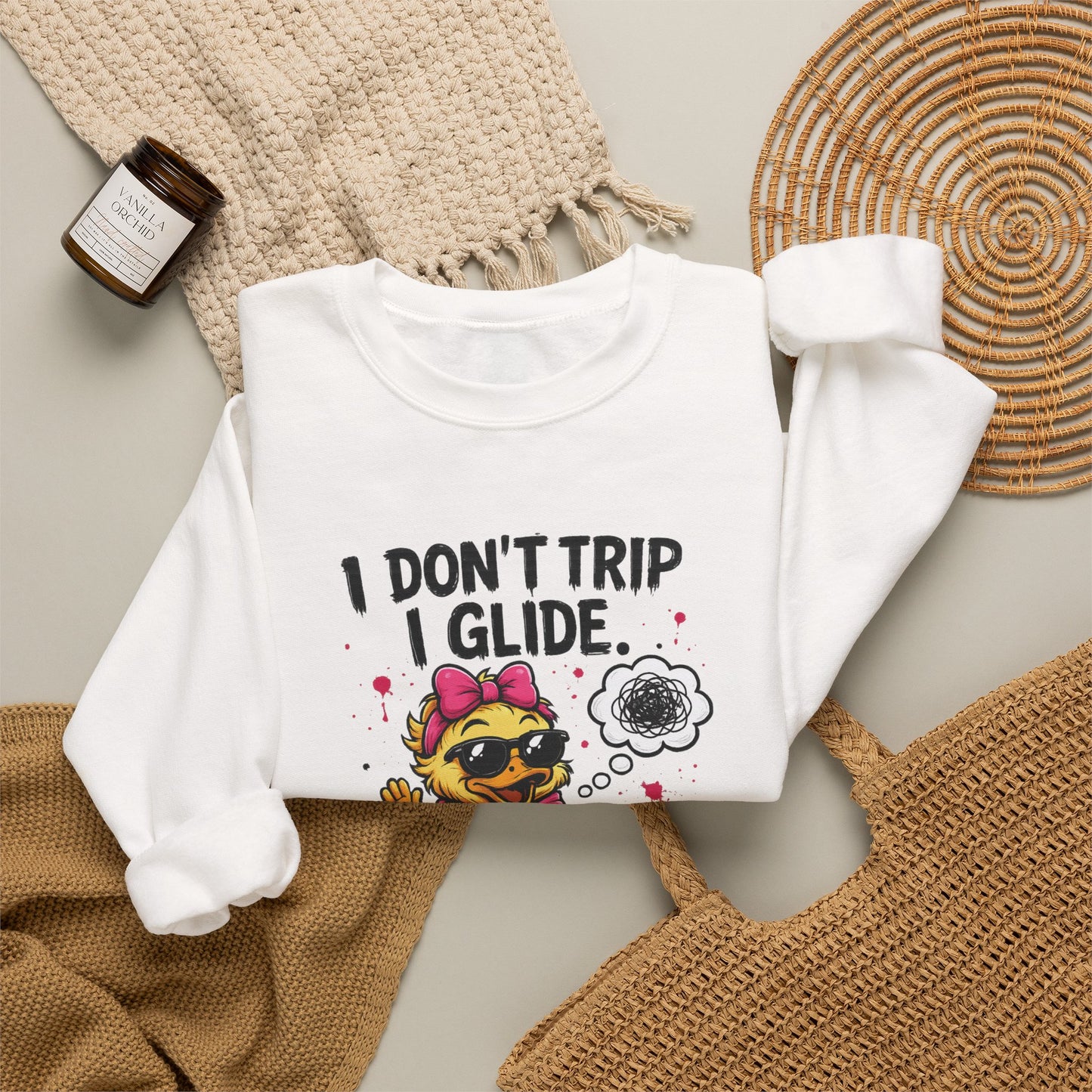 I Don’t Trip I Glide Crewneck Sweatshirt — Cute Skate Duck Graphic