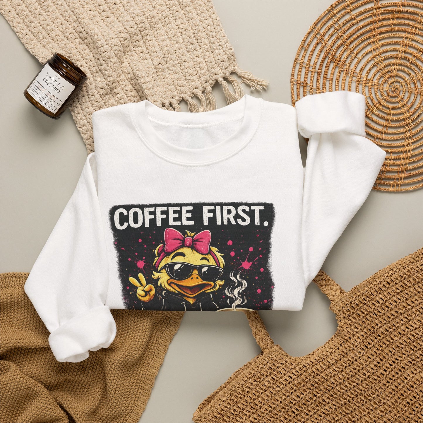 Coffee First-  Crewneck Sweatshirt — Cute Skate Duck Graphic