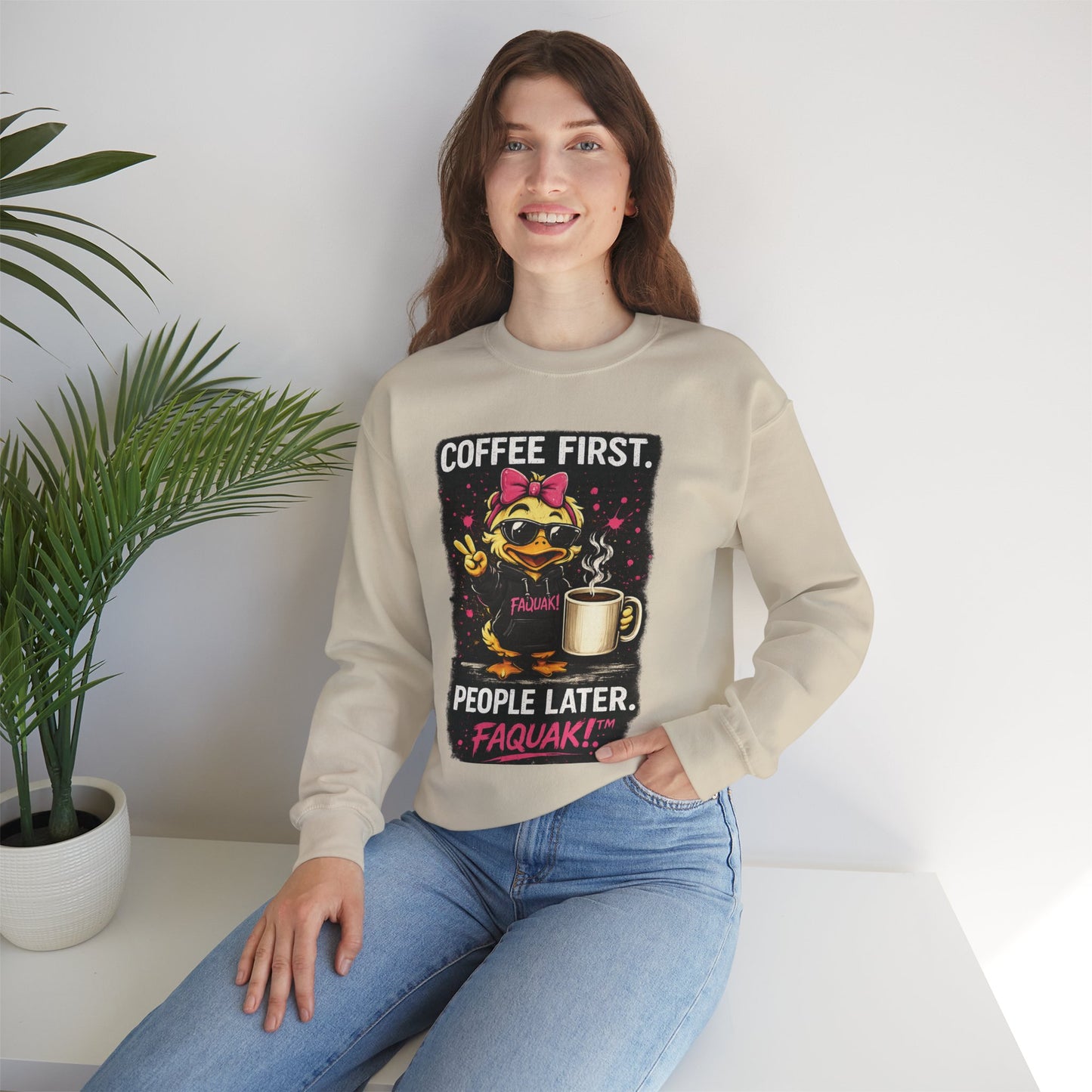 Faquak! Coffee First — Crewneck Sweatshirt | Cute Skate Duck Graphic