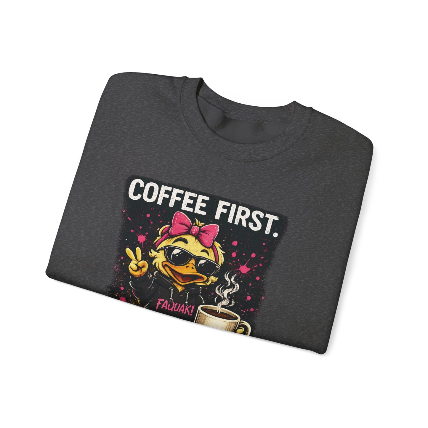 Coffee First-  Crewneck Sweatshirt — Cute Skate Duck Graphic