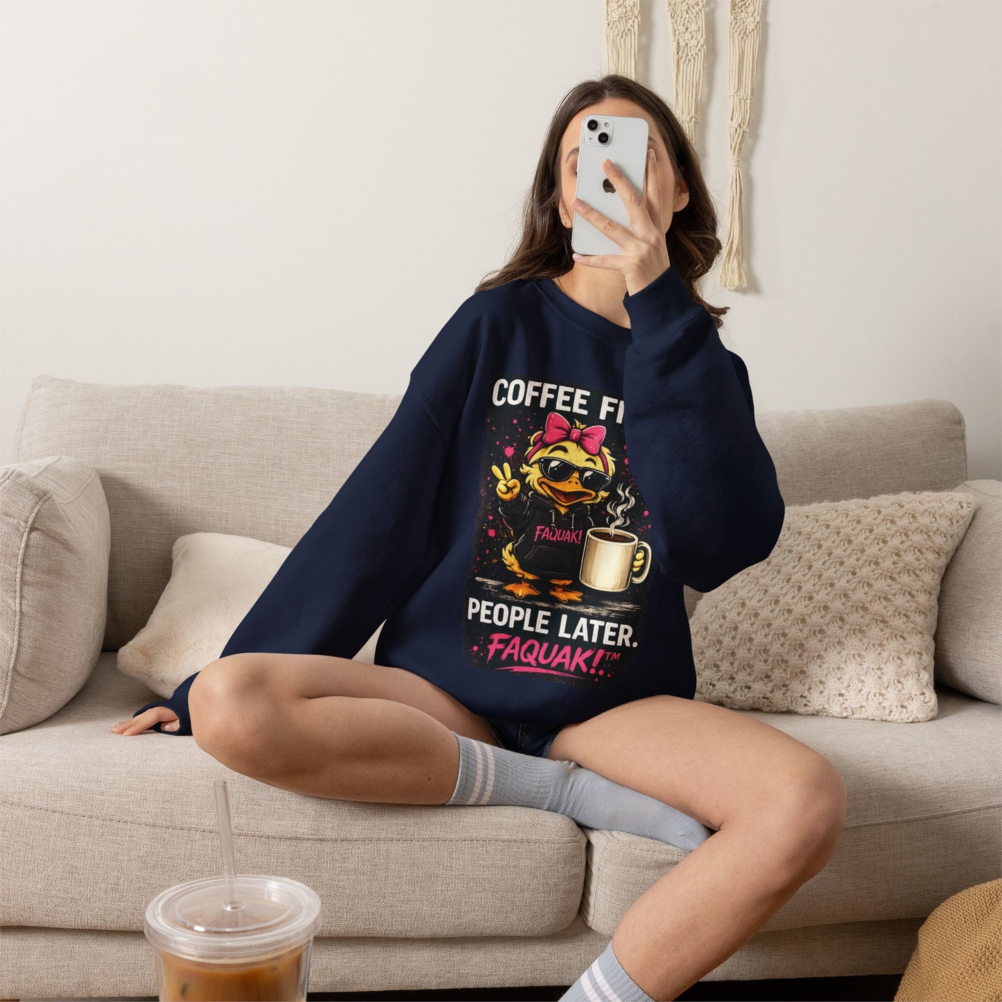 Coffee First-  Crewneck Sweatshirt — Cute Skate Duck Graphic